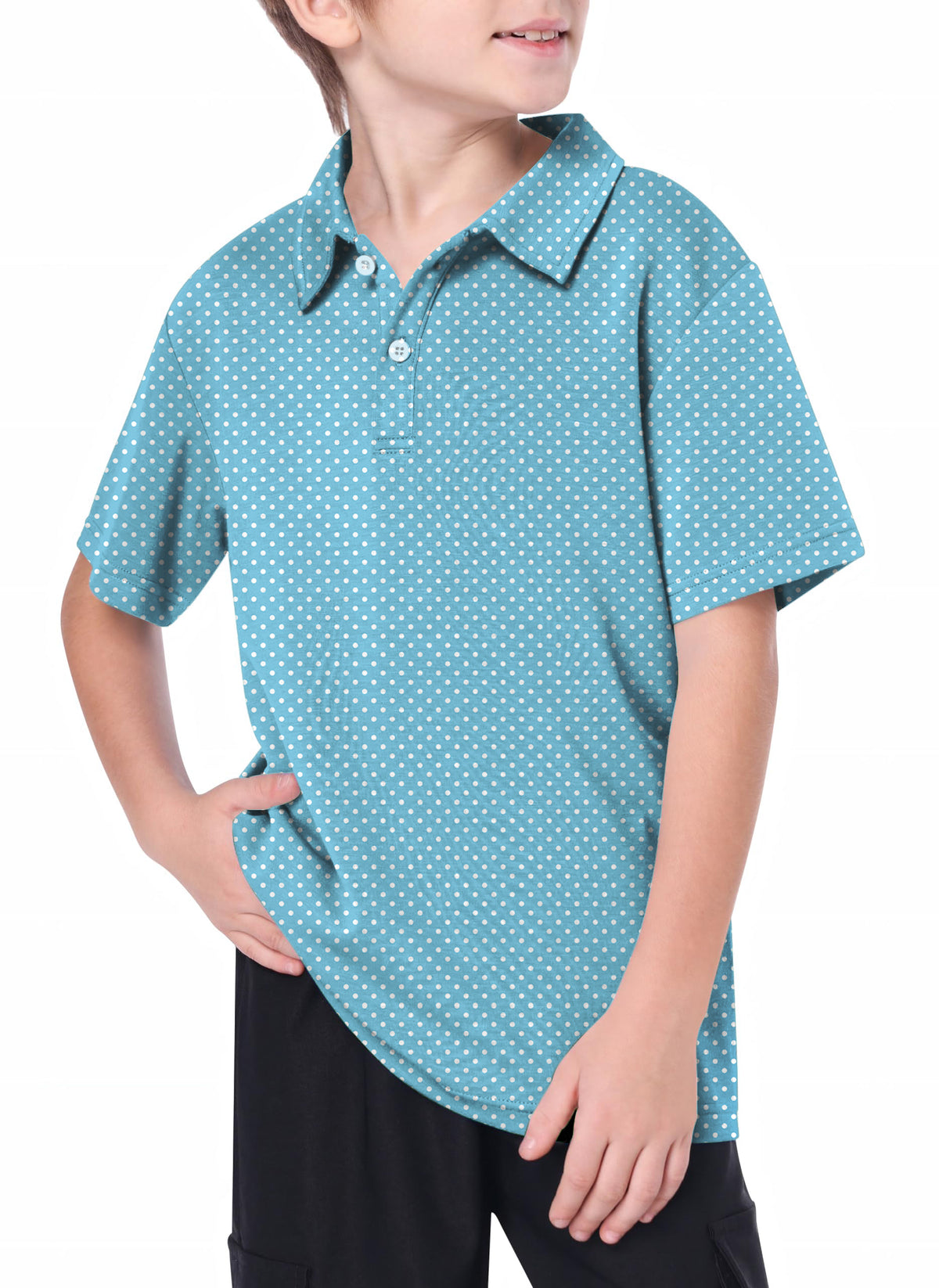 Youth white polka dots blue background Golf Polo