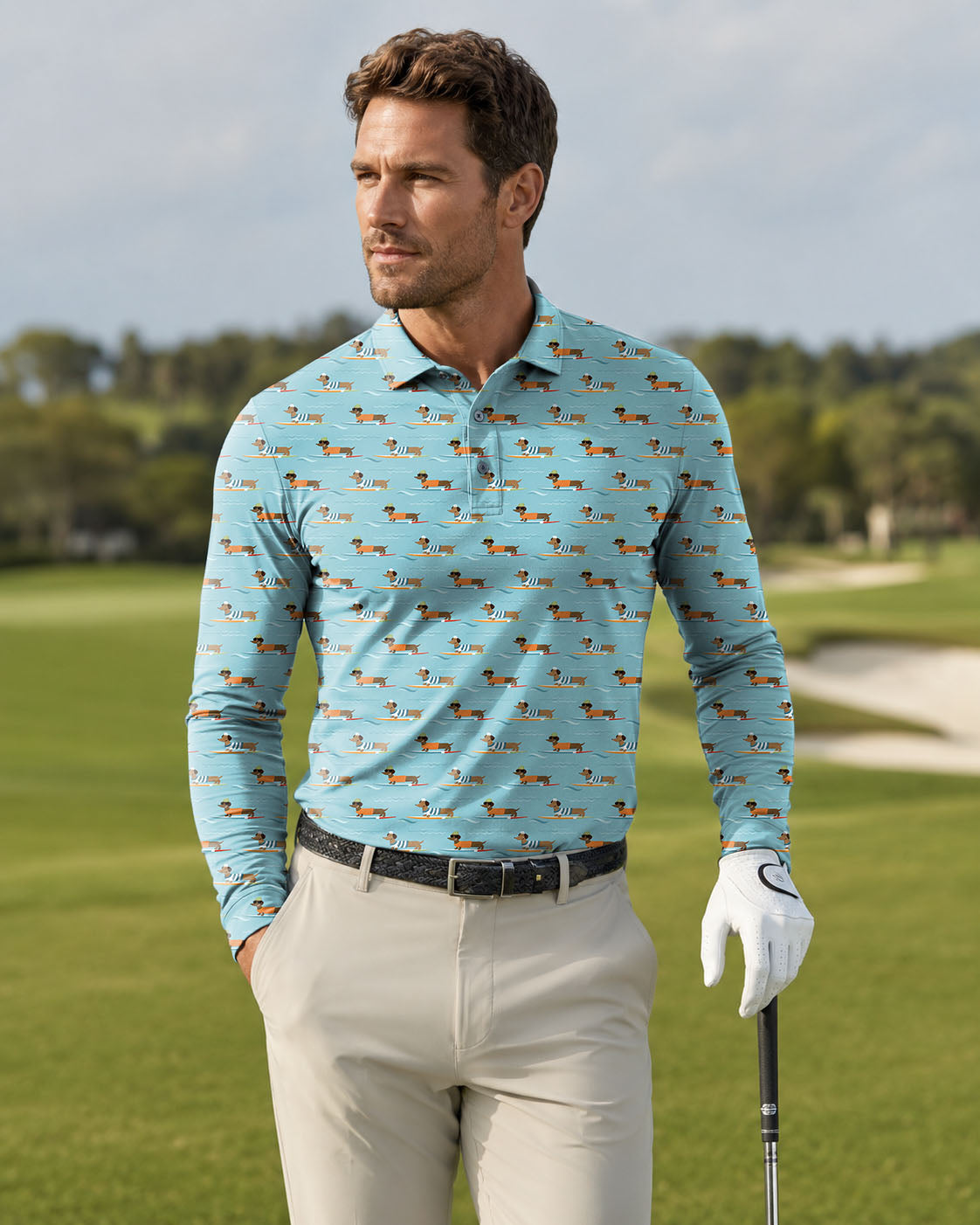 Men's Dachshund Surfing Long-sleeved Polo