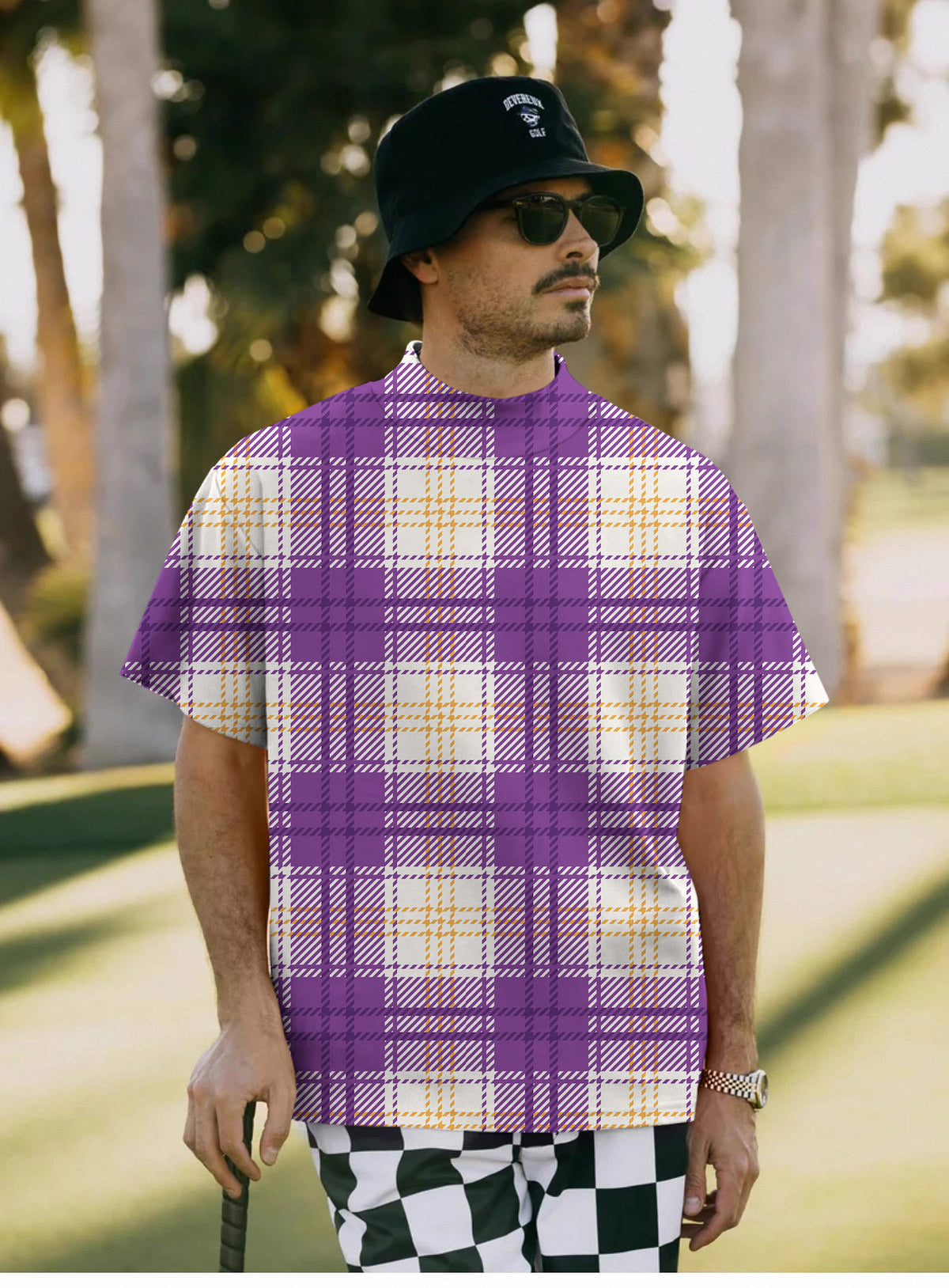 Men's Halloween purple and yellow grid pattern Mock Neck Long/Short Sleeve Golf Tops