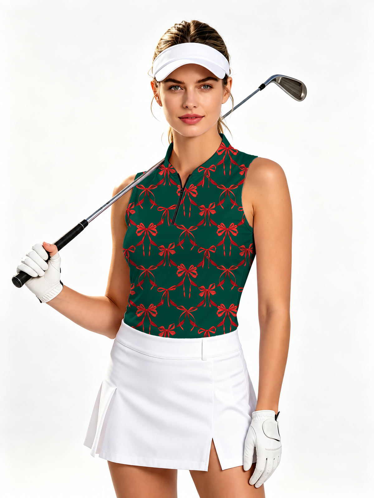 Christmas red knot detail Women's Quarter Zip Mock Neck Sleeveless Golf Athletic Blouse