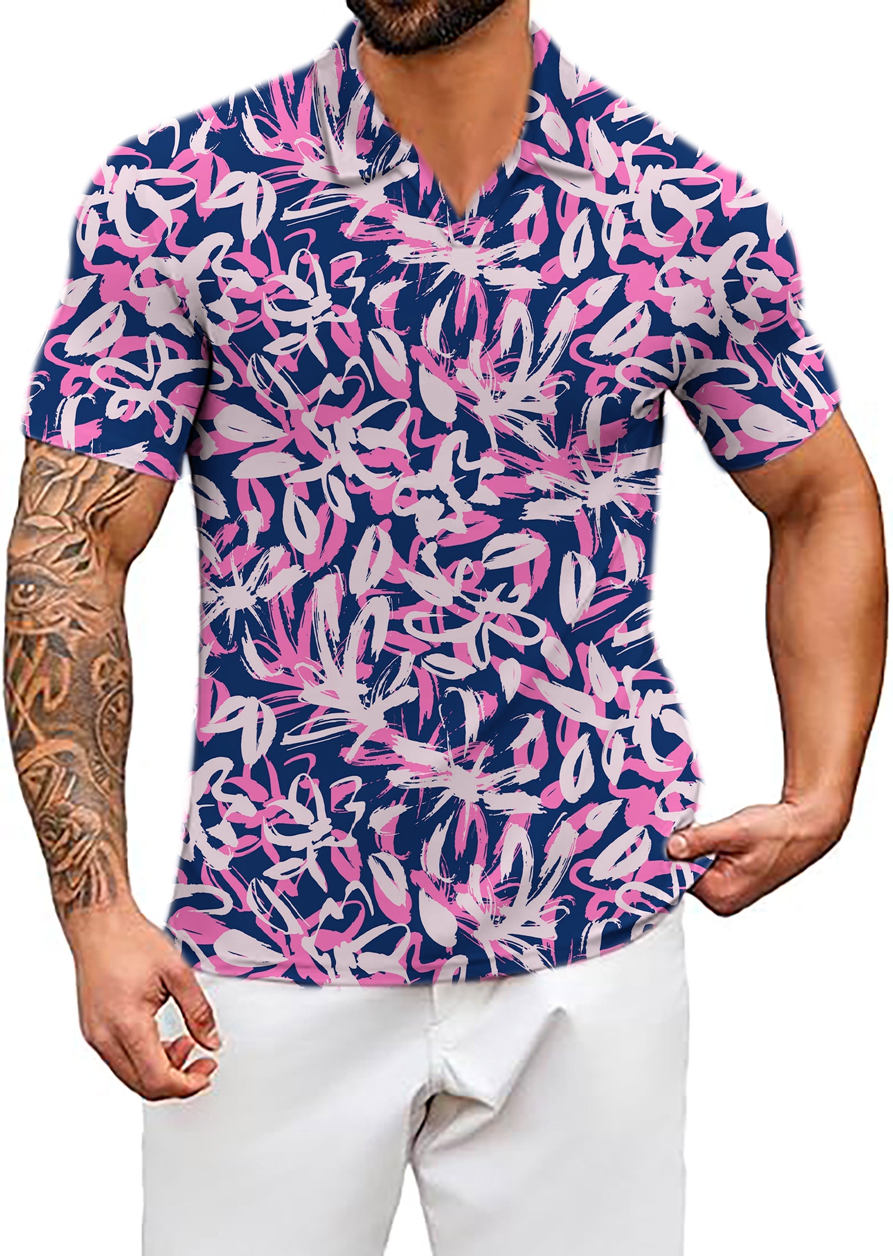 Men's Coconut Palm Navy Blue Ink Dots V neck floral shirt with four-way stretch and UPF 40+ protection
