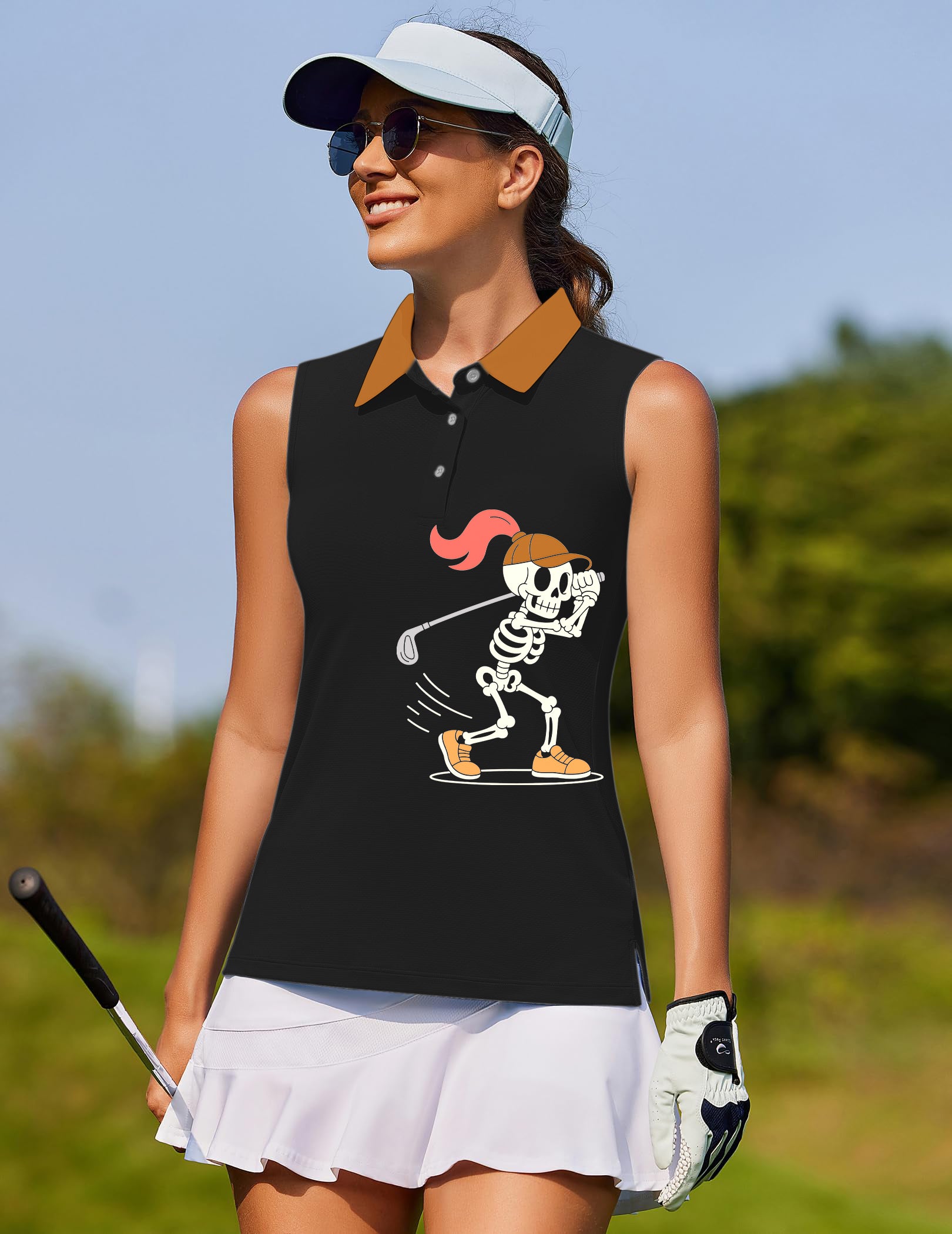 Pumpkin Black Halloween Skeleton Golf Women's golf Sleeveless shirt