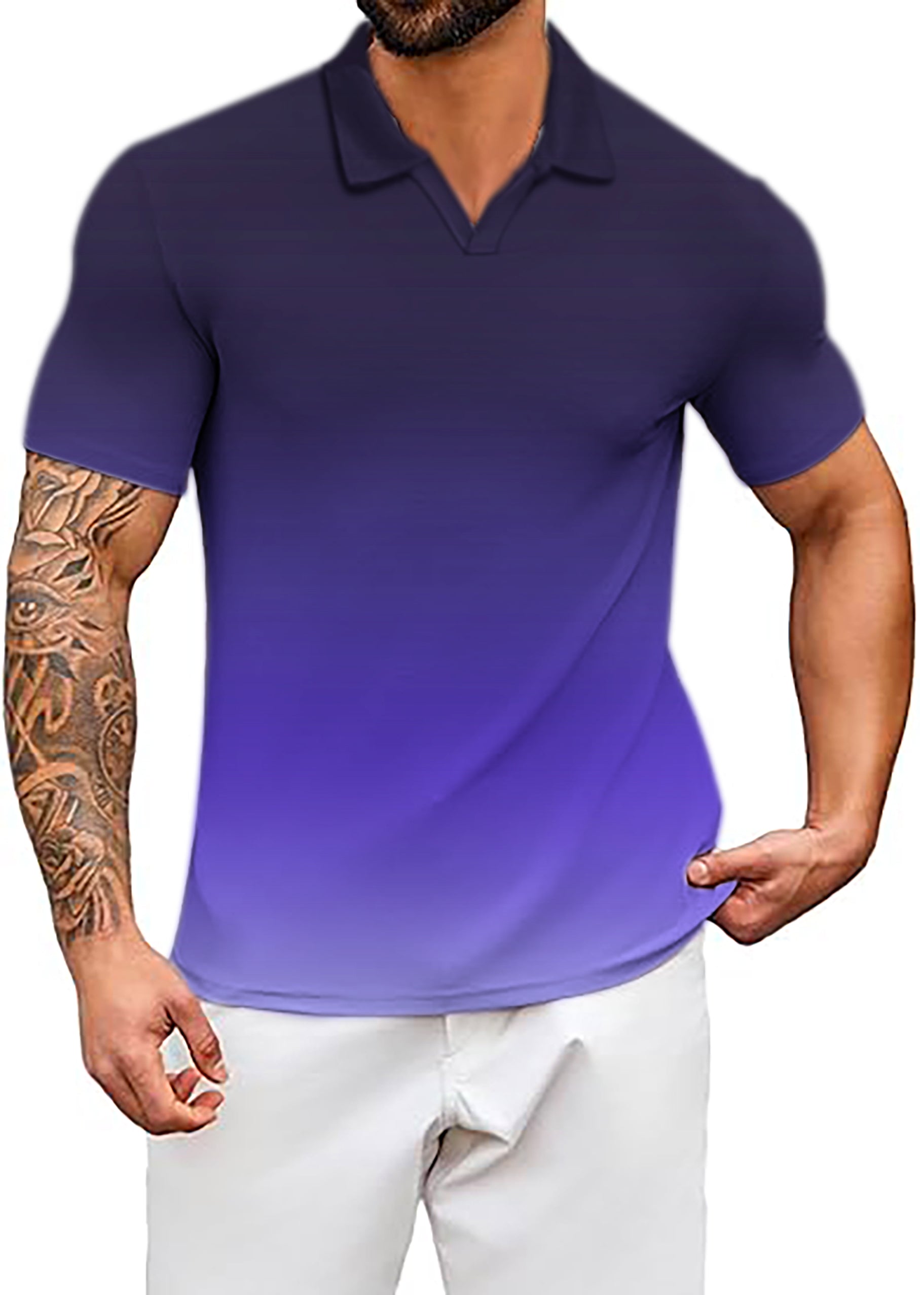 Men's Black Purple Gradient V Neck Golf Polo Shirts