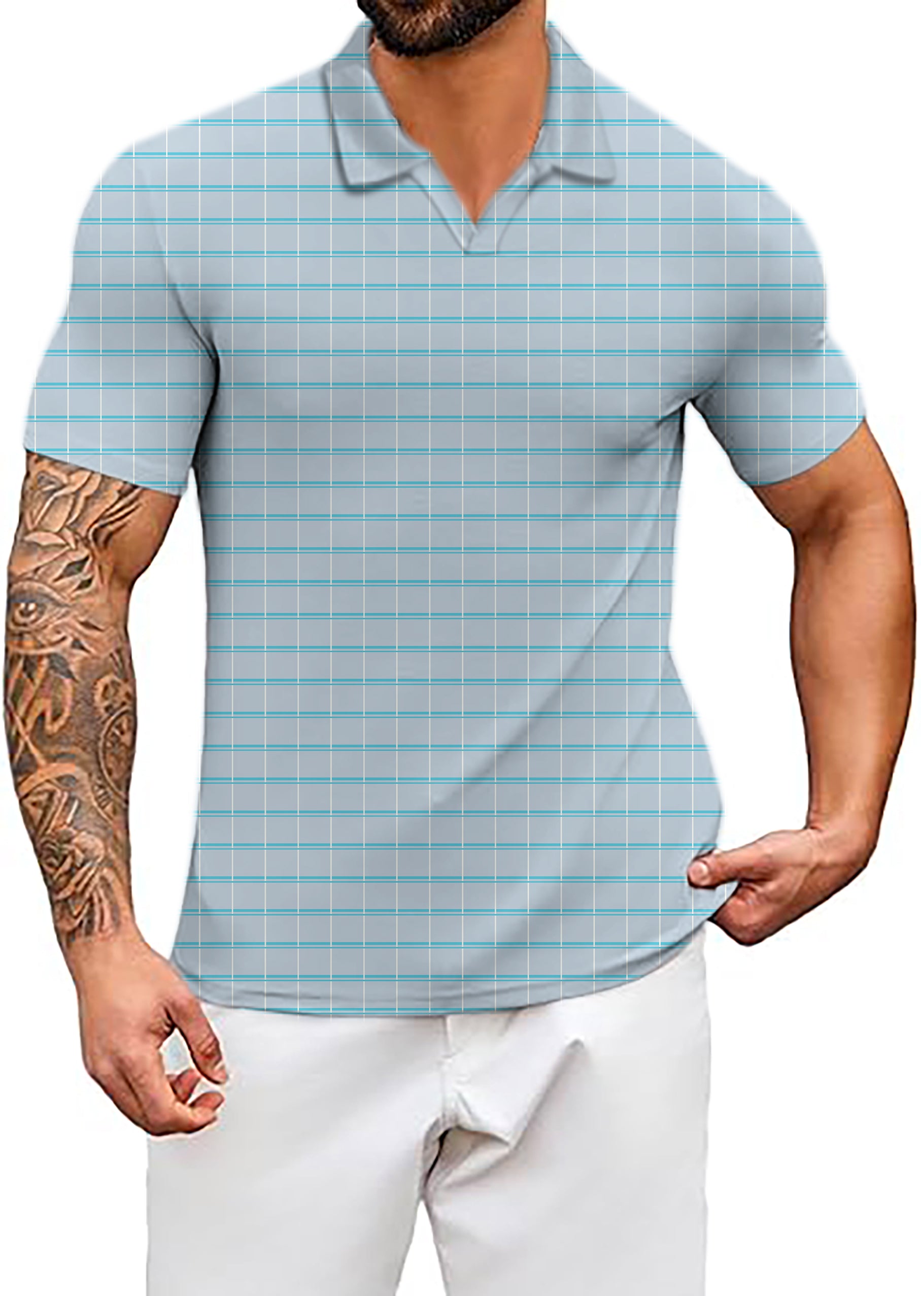 Men's Sky blue checkered V Neck Golf Polo Shirts limited edition