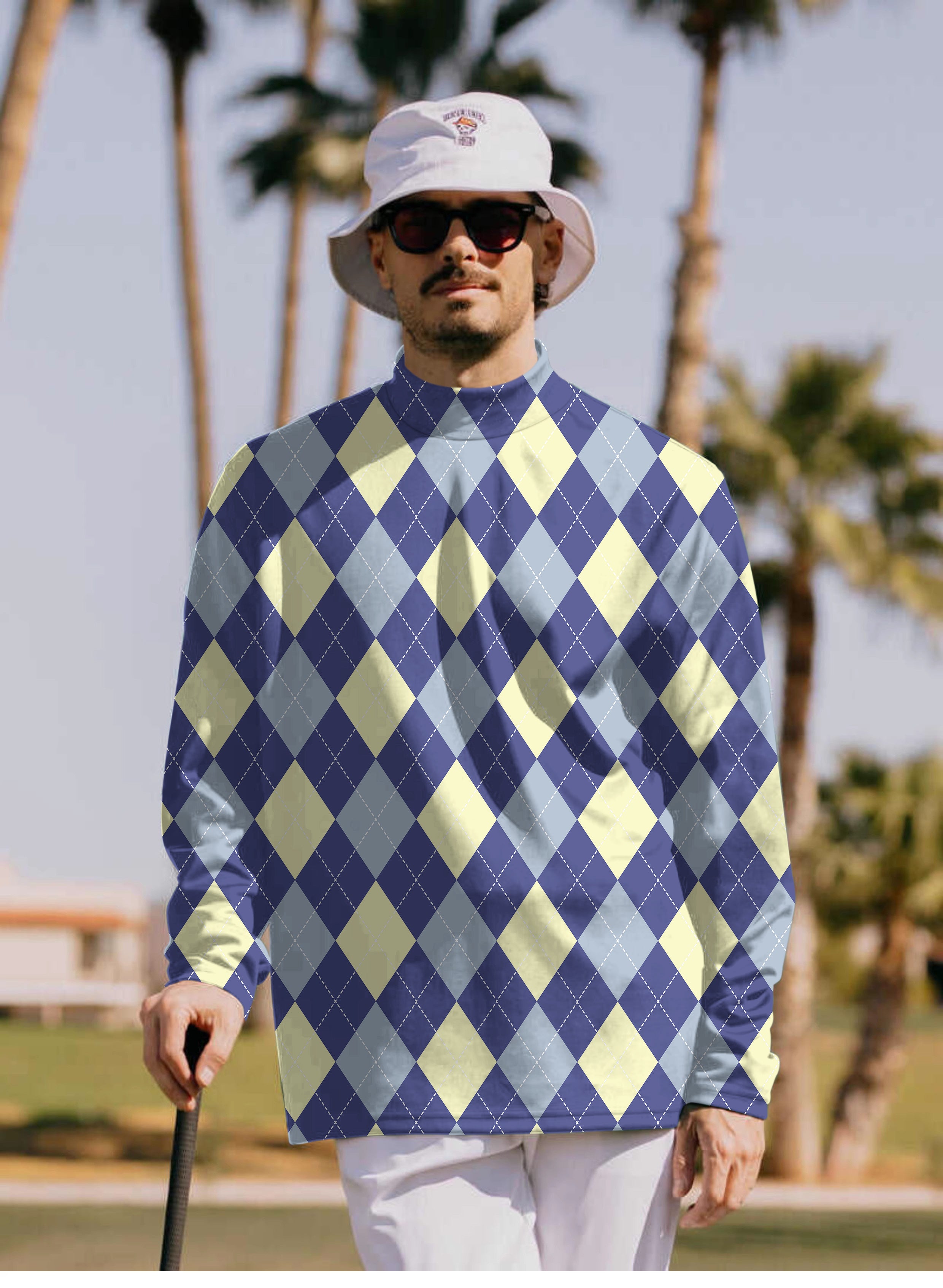 Men's blue Argyle Pullover High neck Long/Short sleeve T-Shirt