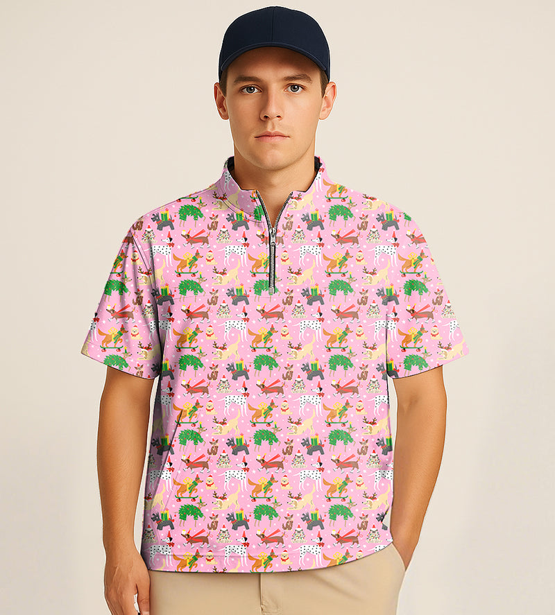 Men's pink half zipper turtleneck golf shirt with Christmas dog embroidery and short sleeves