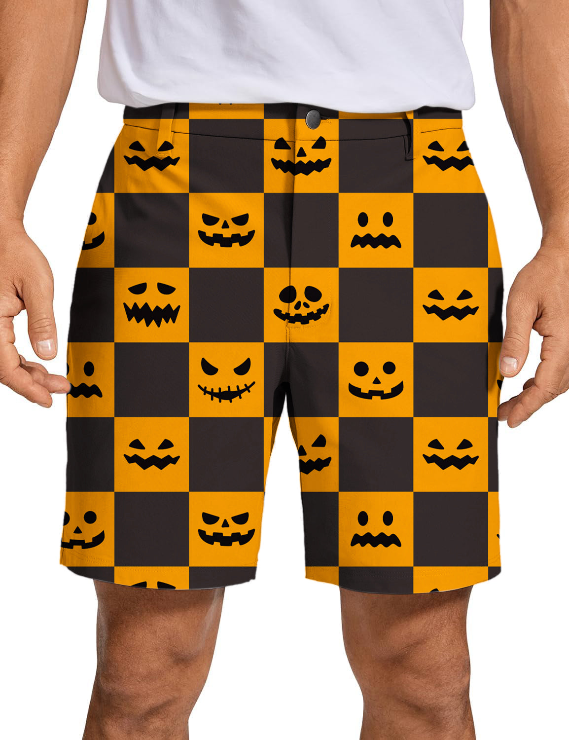 Men's Halloween black and yellow checkerboard pumpkin Golf Shorts