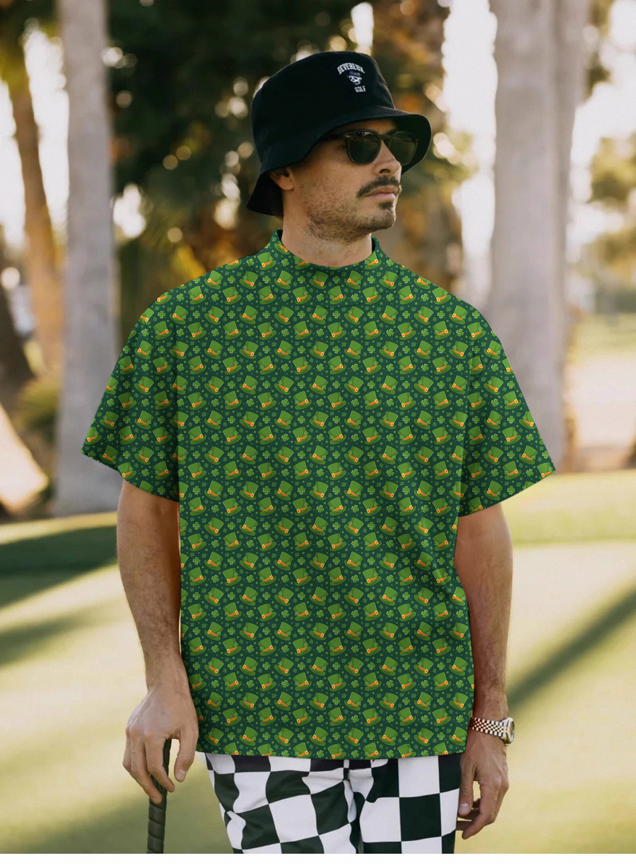 Men's Leprechaun hat clover leaf St. Patrick's Day Pullover High neck Long/Short sleeve T-Shirt