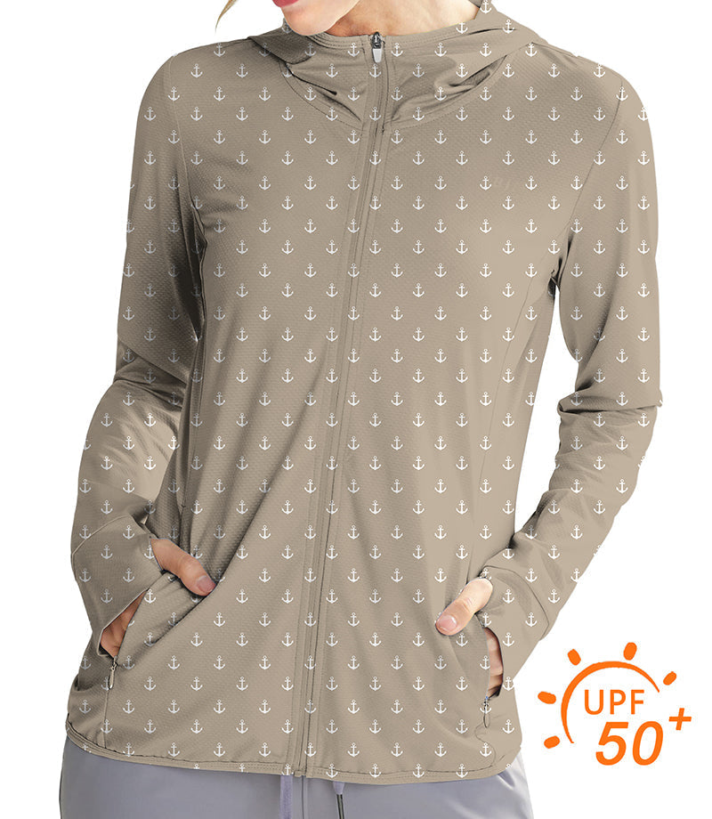 Women's beige anchor print golf sun protection hoodie with UPF 50+ slim fit and thumb holes