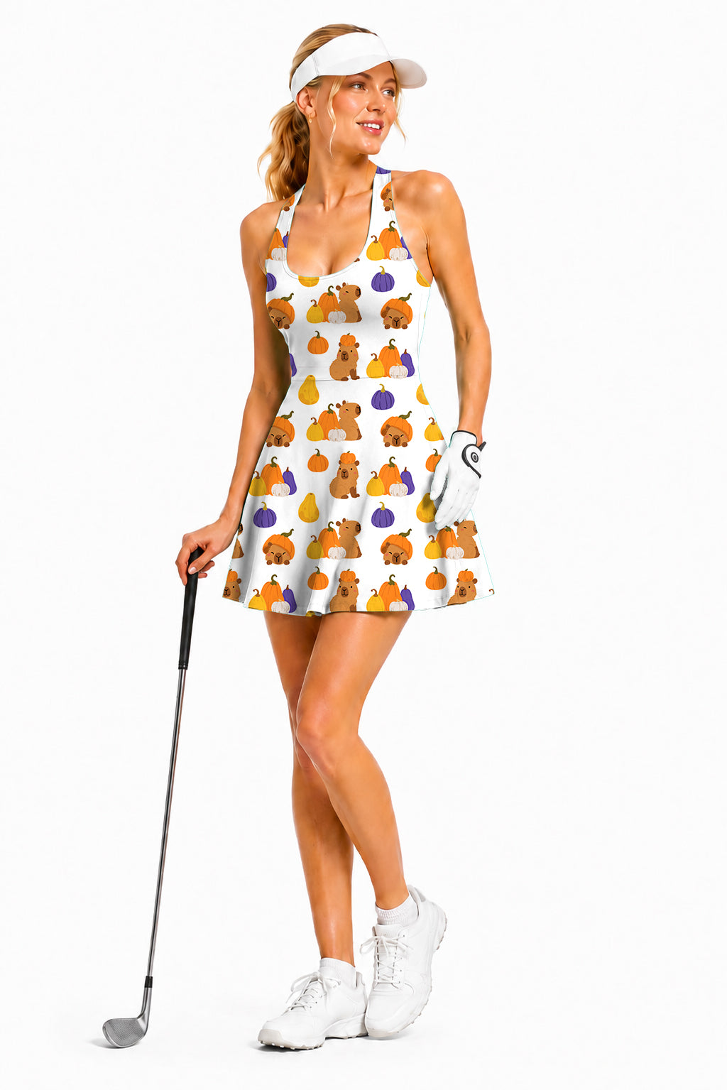 Halloween Capybara Women's Halter Golf Sleeveless Backless A-Line Short Skort Dress