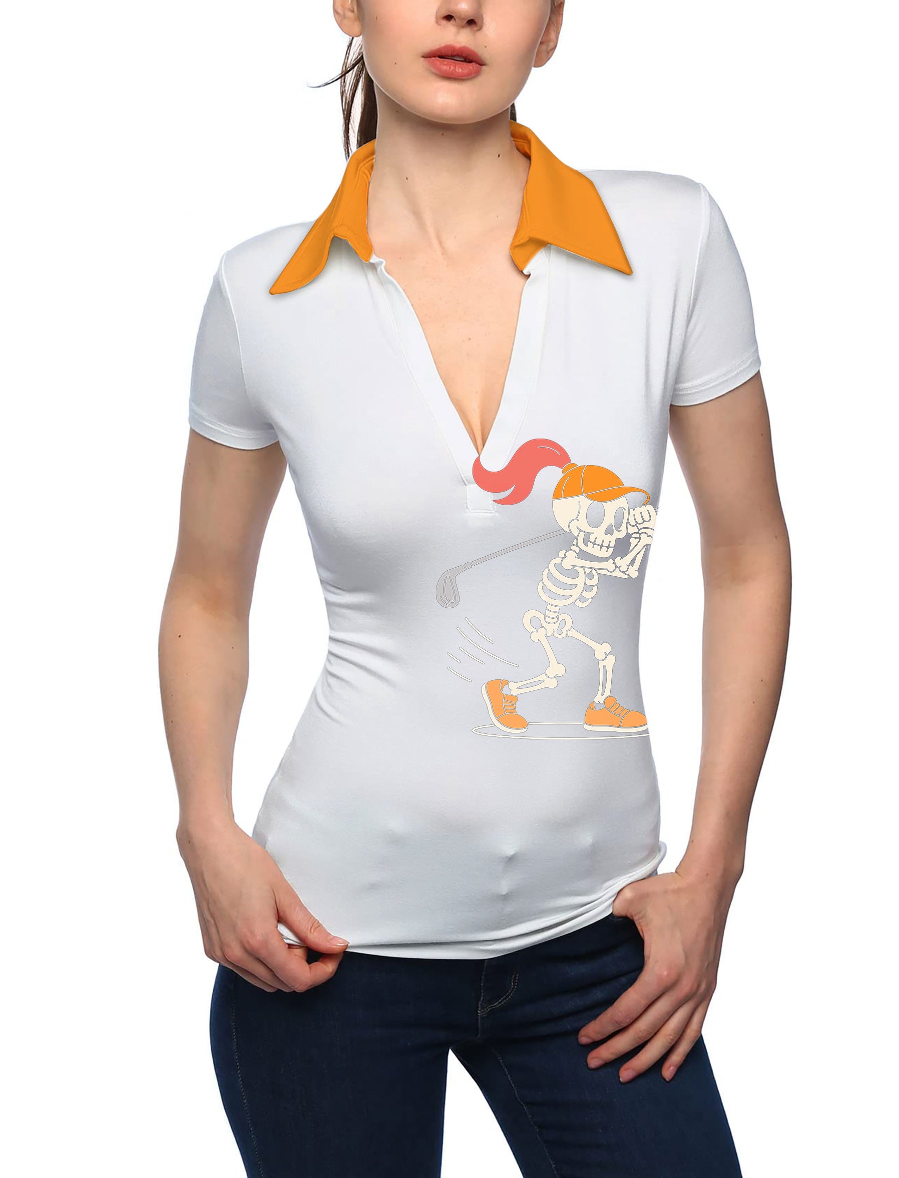 Women's Pumpkin White Halloween Skeleton Golf V Neck Golf Polo