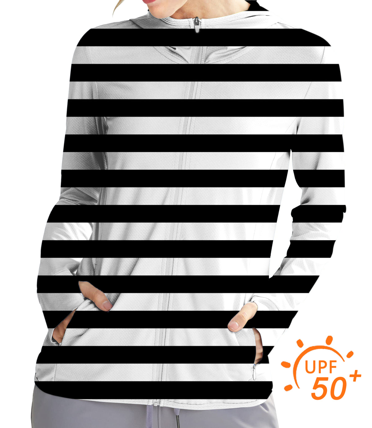 Women's Outdoor Black and white horizontal stripes Golf Sun Protection Slim Fit zip hoodies