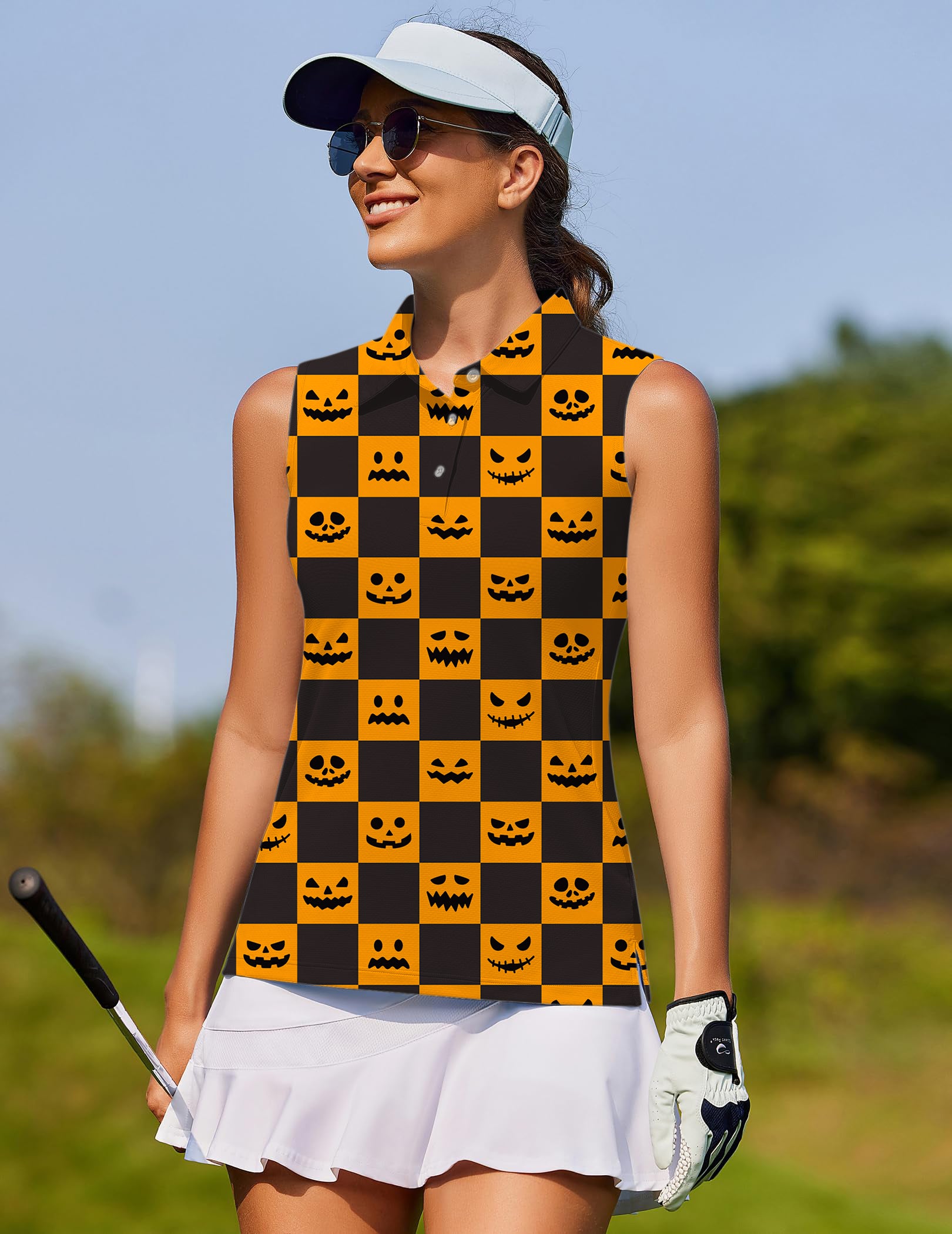 Halloween black and yellow checkerboard pumpkin Women's golf Sleeveless shirt