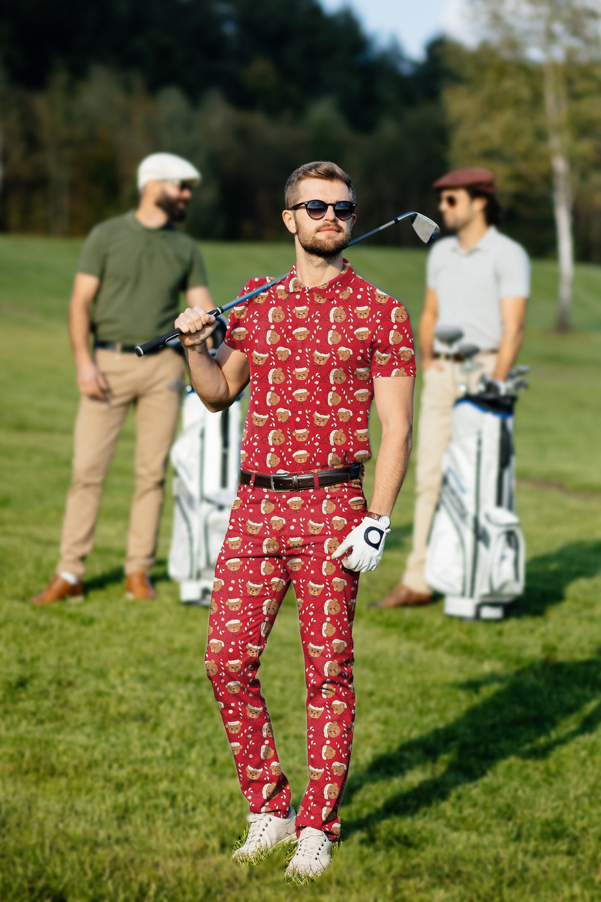 Men's Golf Set Polo+Pants Red Christmas Teddy Bear