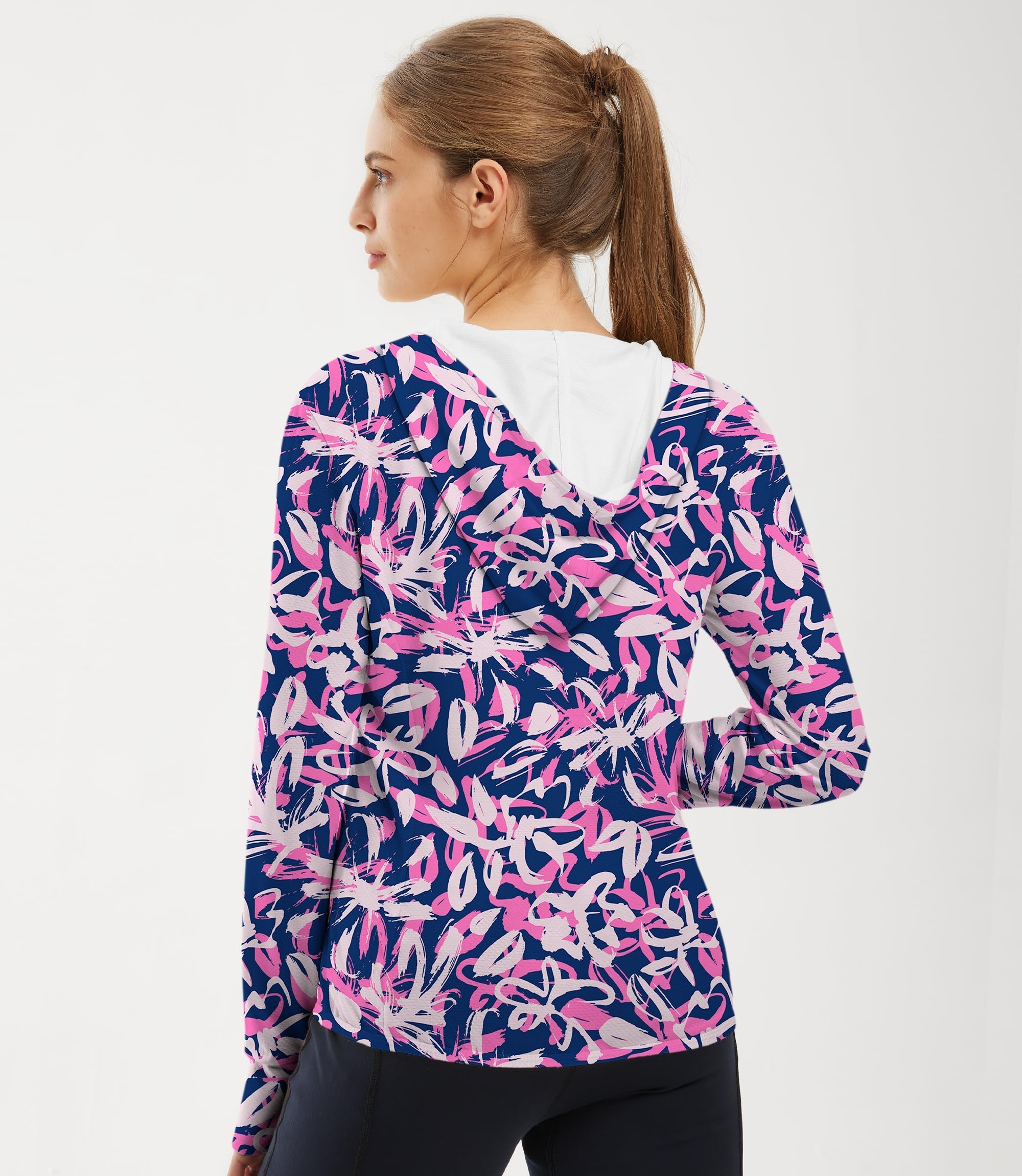 Women's outdoor slim fit zip hoodie with draw flower pattern and sun protection UV50+