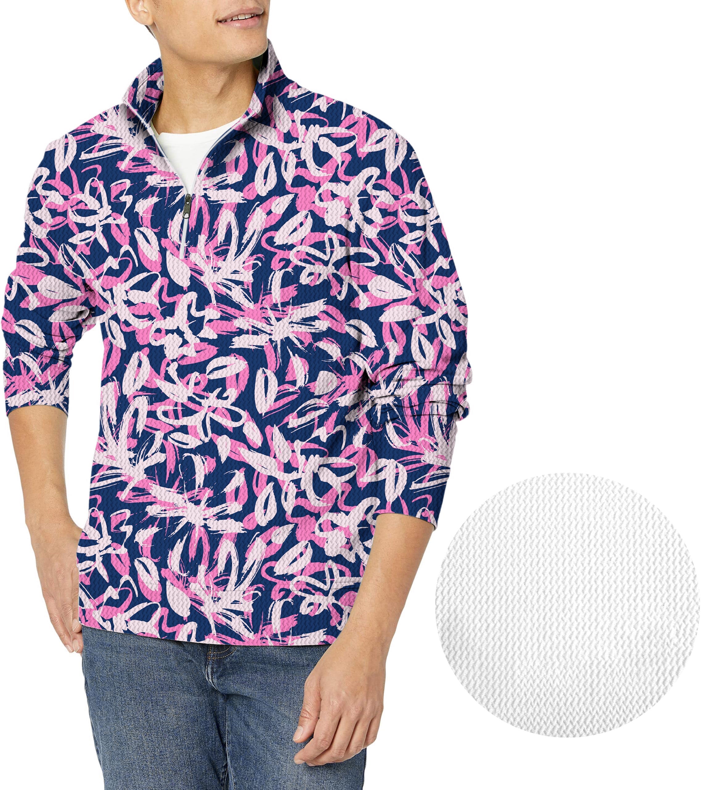 Draw Flowers Men's Golf waffle texture zipper pullover with floral design