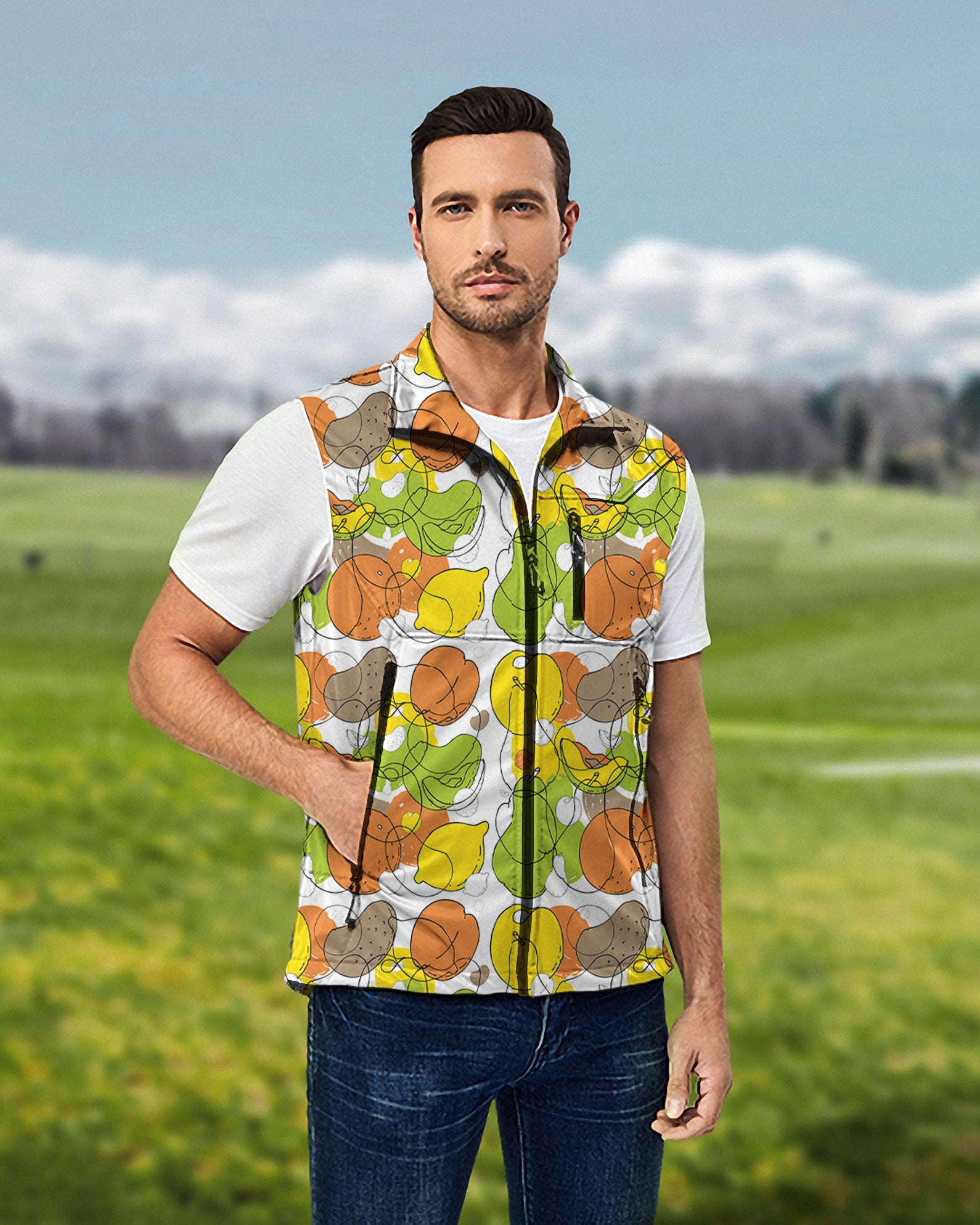 Men's colorfull fruit Lightweight Softshell Vest Sleeveless Jacket for Golf Windproof Waterproof