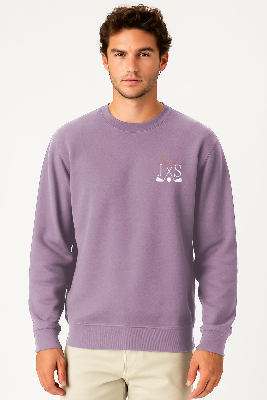 Embroidery solid color purple crew neck sweatshirt for men plus size