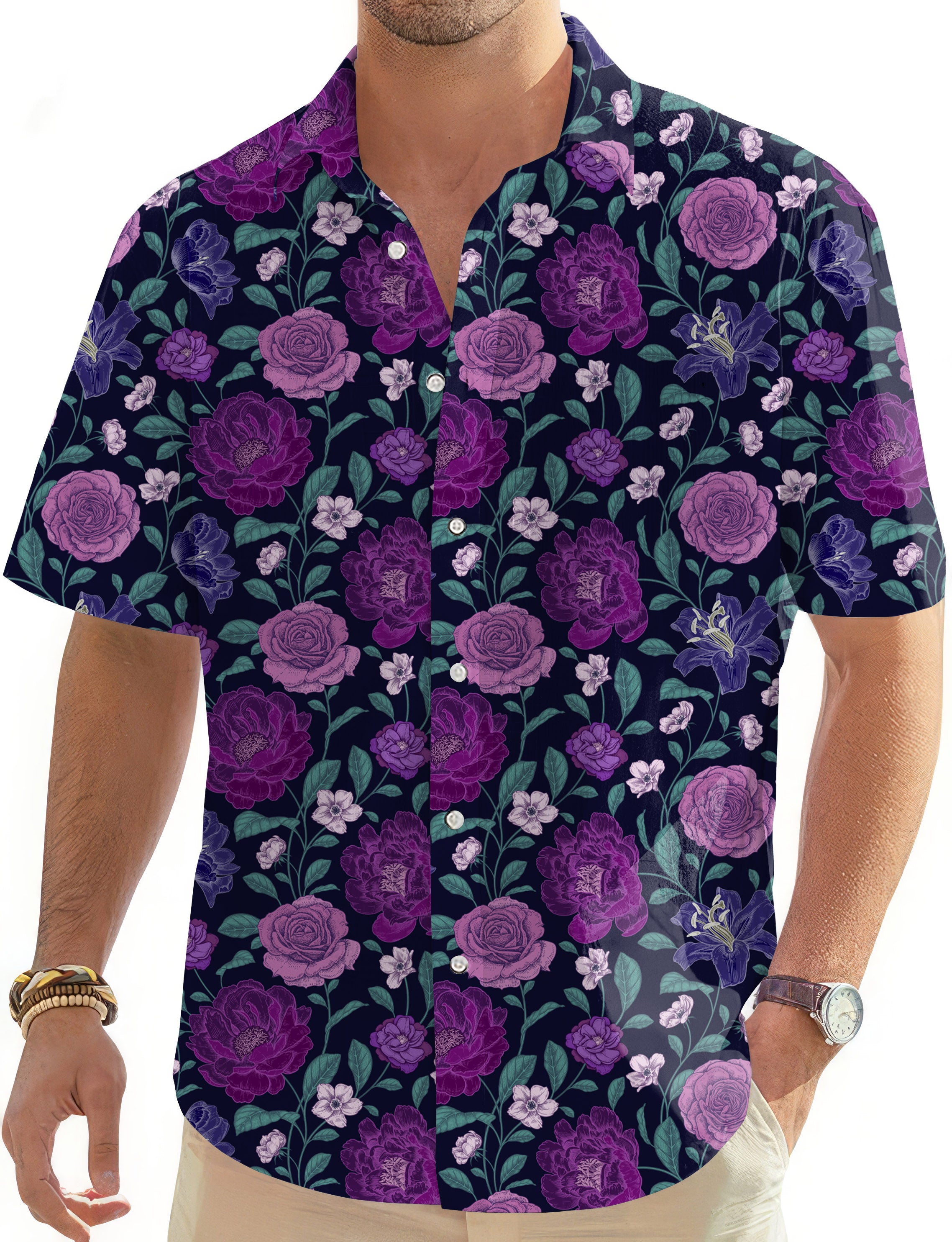 Purple Floral-Men's Golf Hawaiian Shirts Button Down Shirt