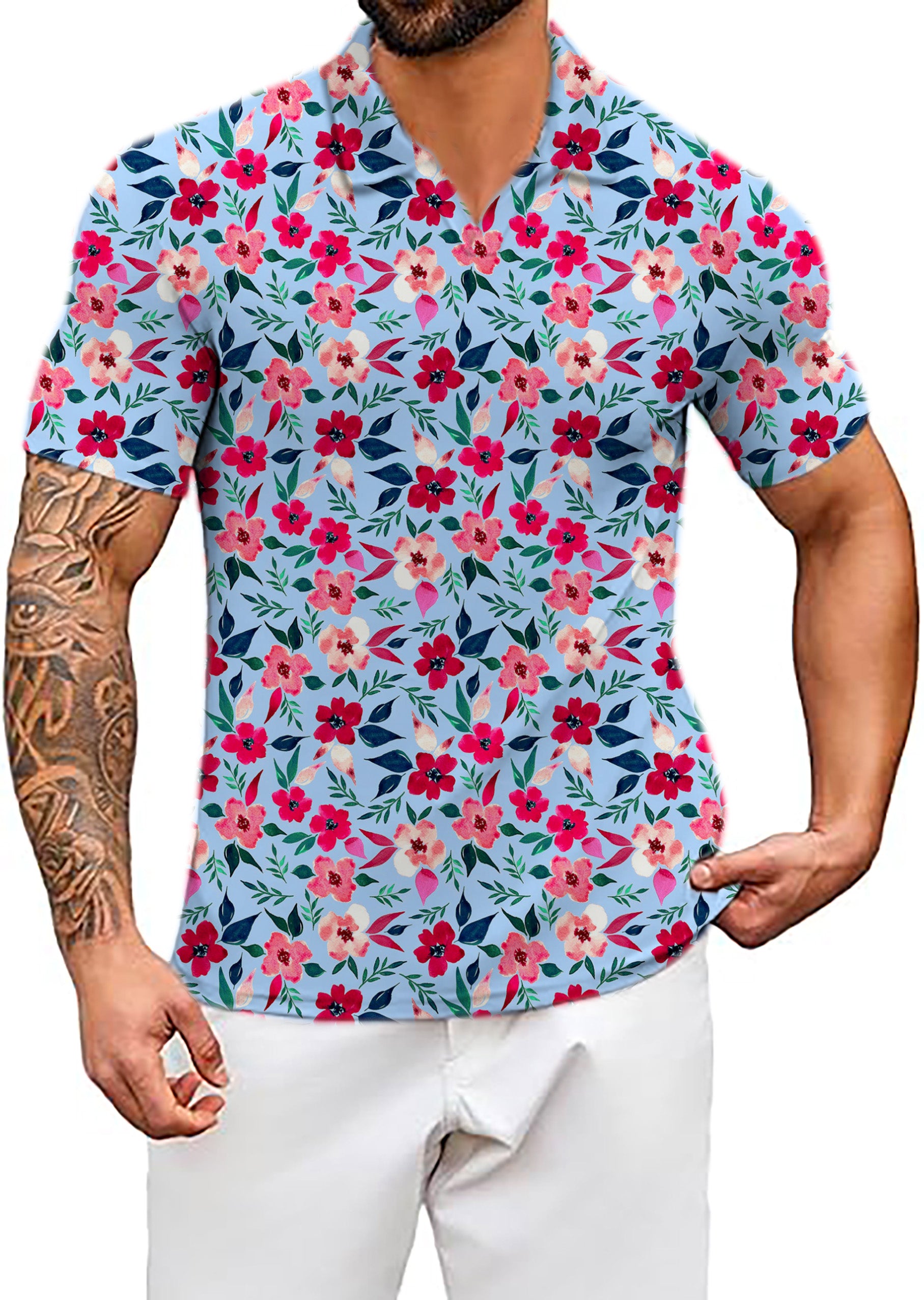 Men's Tropical flowers V Neck Golf Polo Shirts