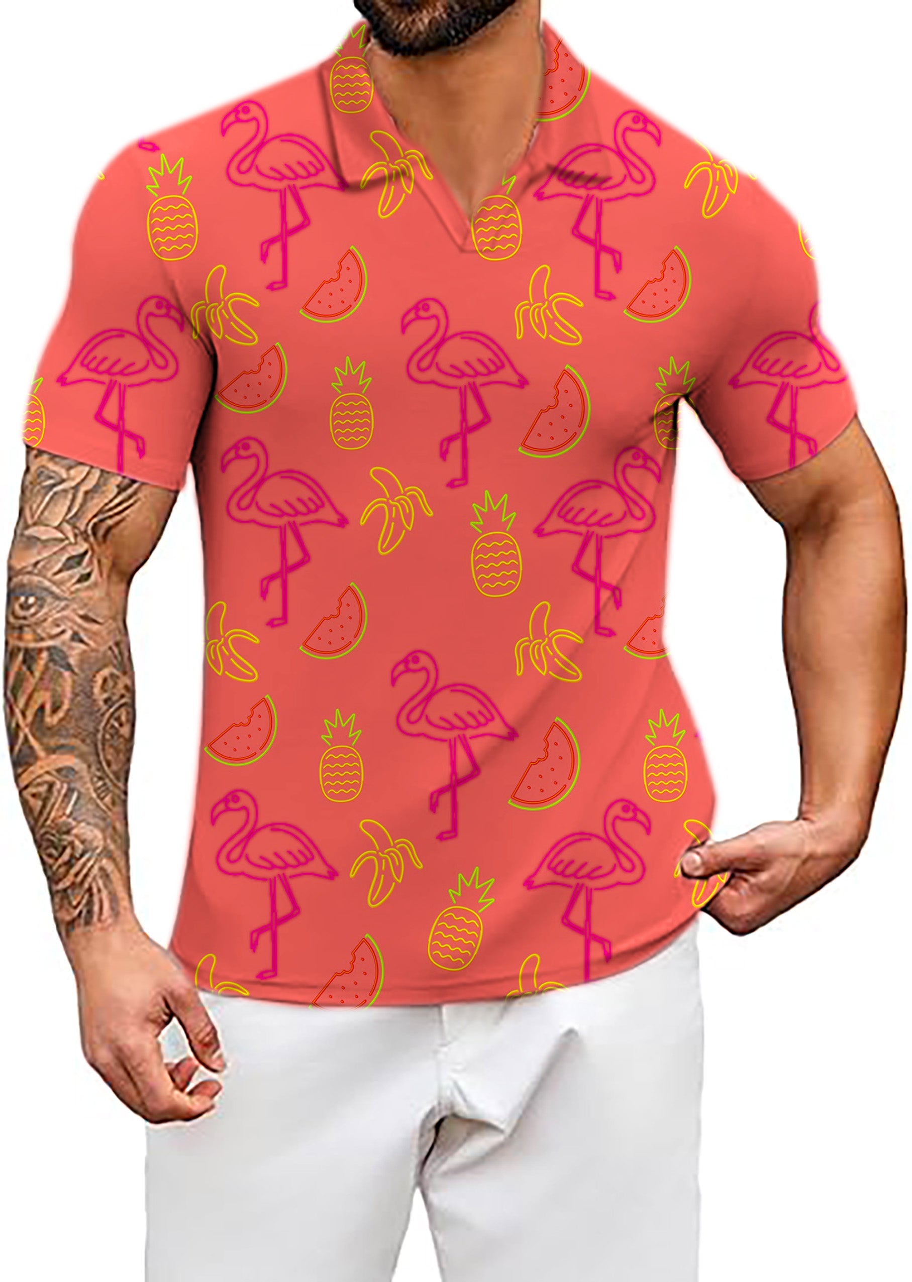 Men's Fruity Flamingo V Neck Golf Polo Shirts