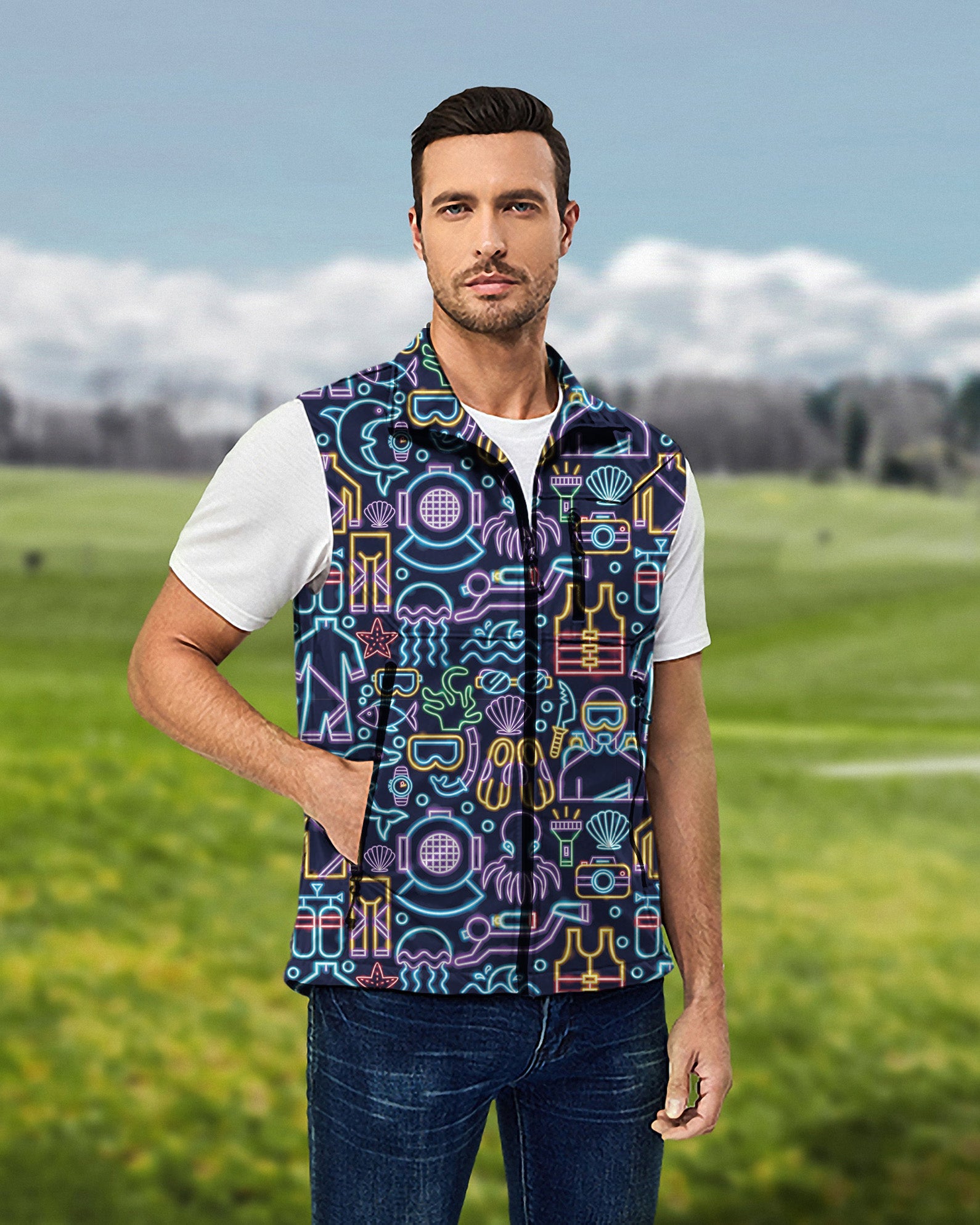 Men's Neon Diver Lightweight Softshell Vest Sleeveless Jacket for Golf