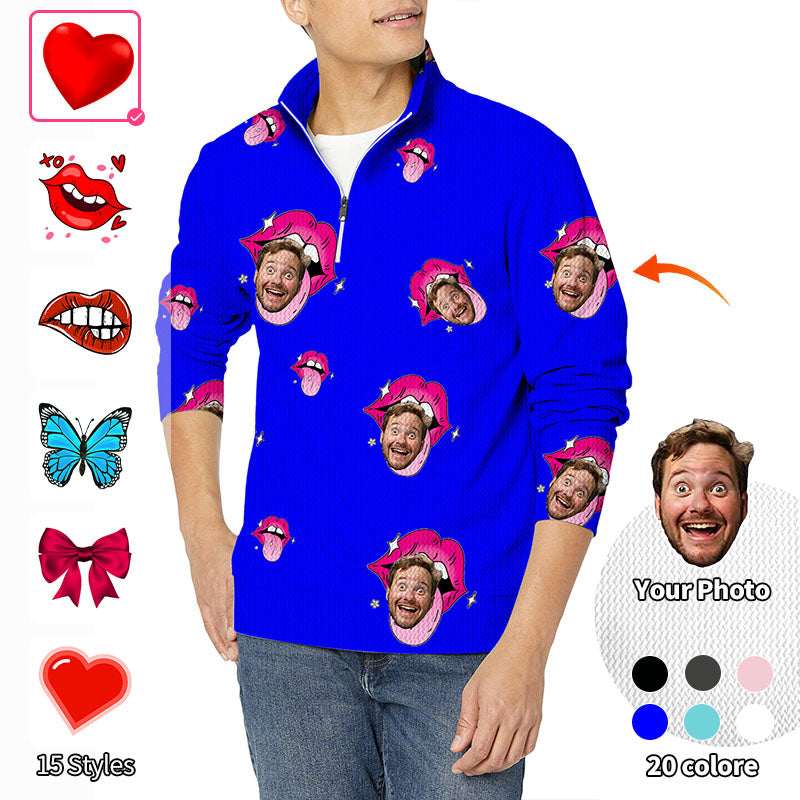 Valentine's Day Custom Photo Face Custom Color Royal Love Men's Golf Waffle Zipper Pullover