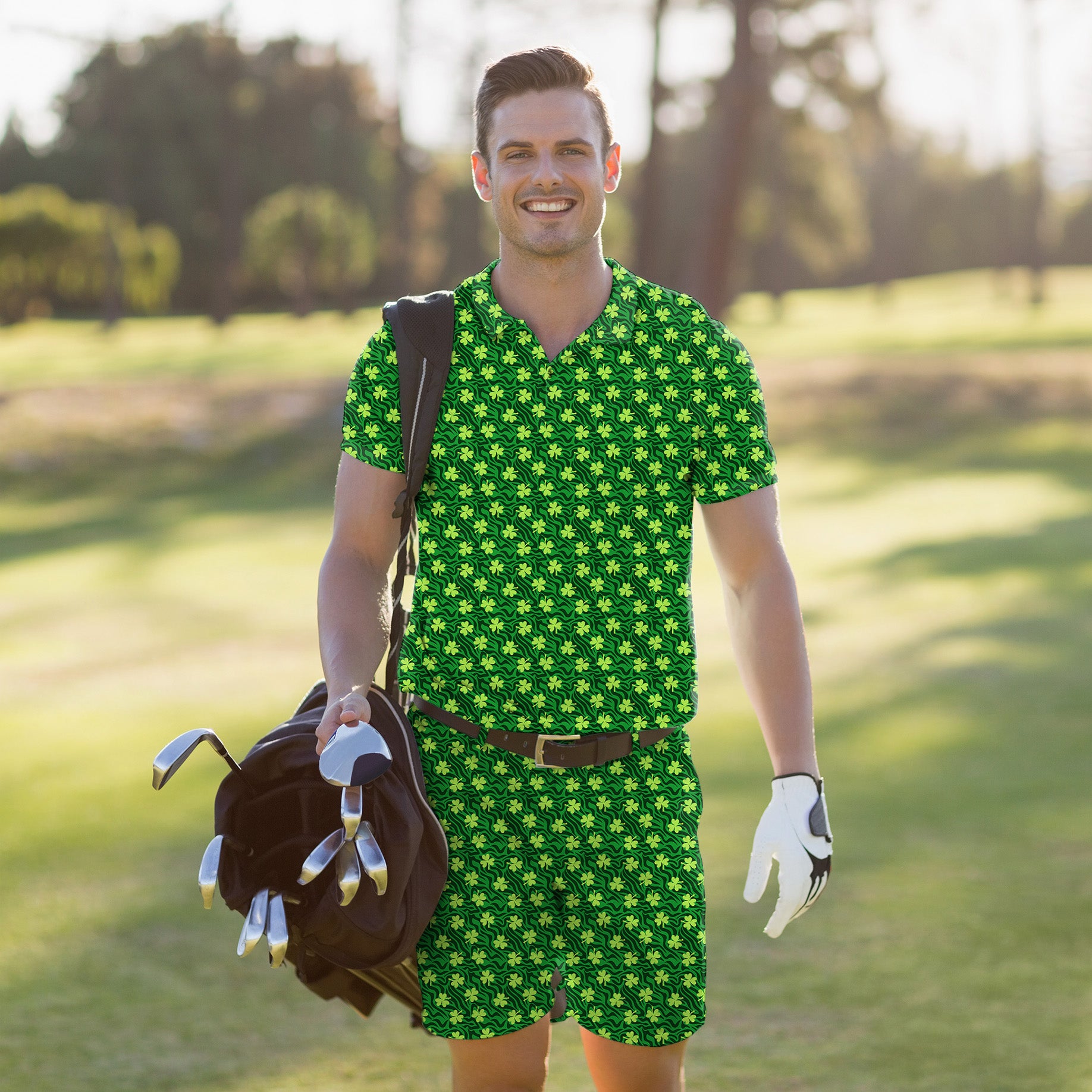 Men's Golf Set Polo+Shorts Leaf clover Green zebra St. Patrick's Day