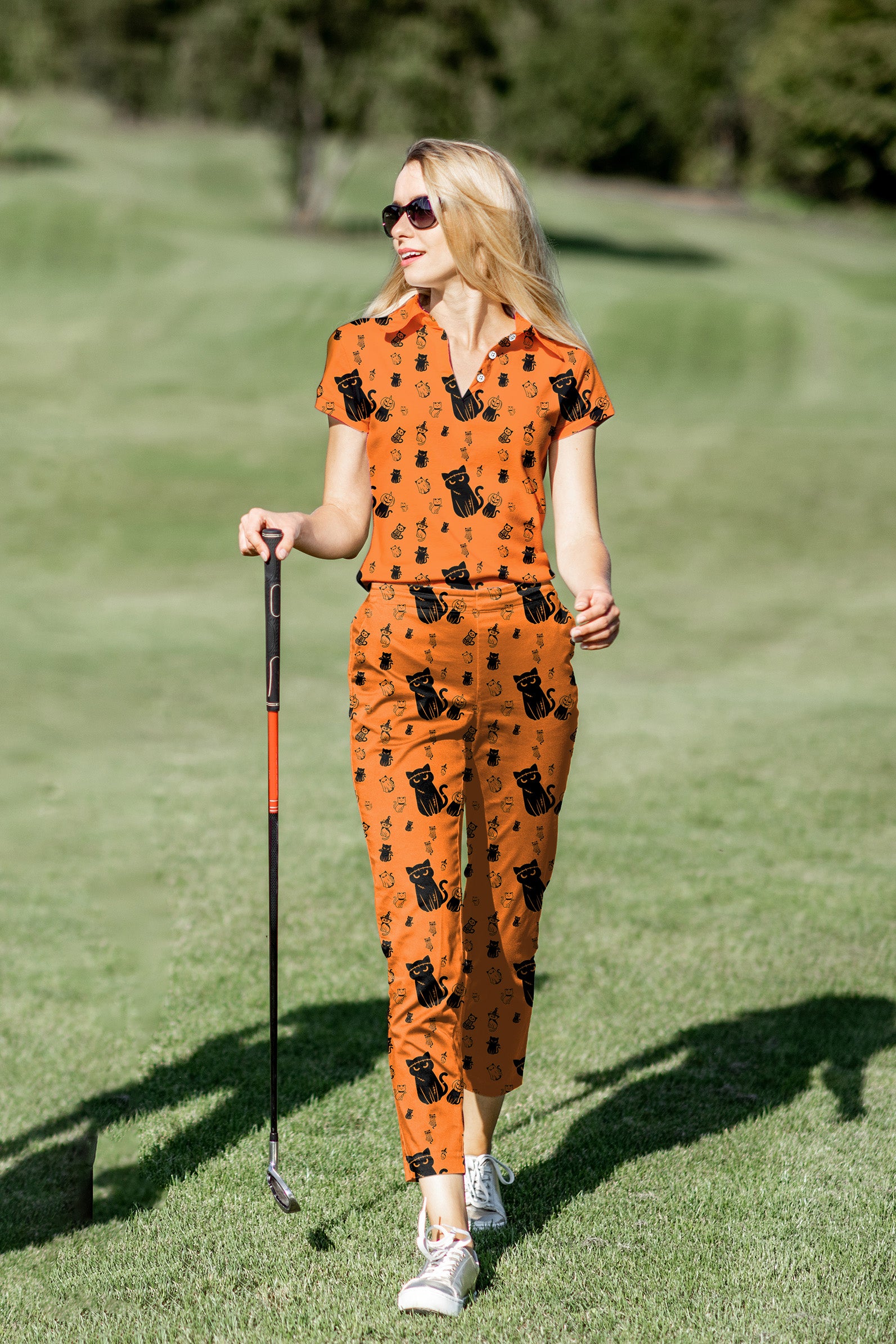 Women's Golf Polo+Pants Set Halloween Cute Cat Custom The Background Color