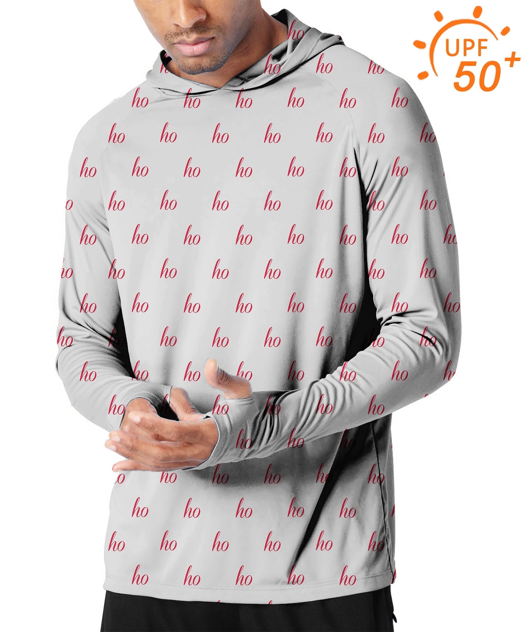 Men's outdoor grey slim fit hoodie with custom name print, UPF 50+ sun protection, breathable and moisture-wicking fabric.