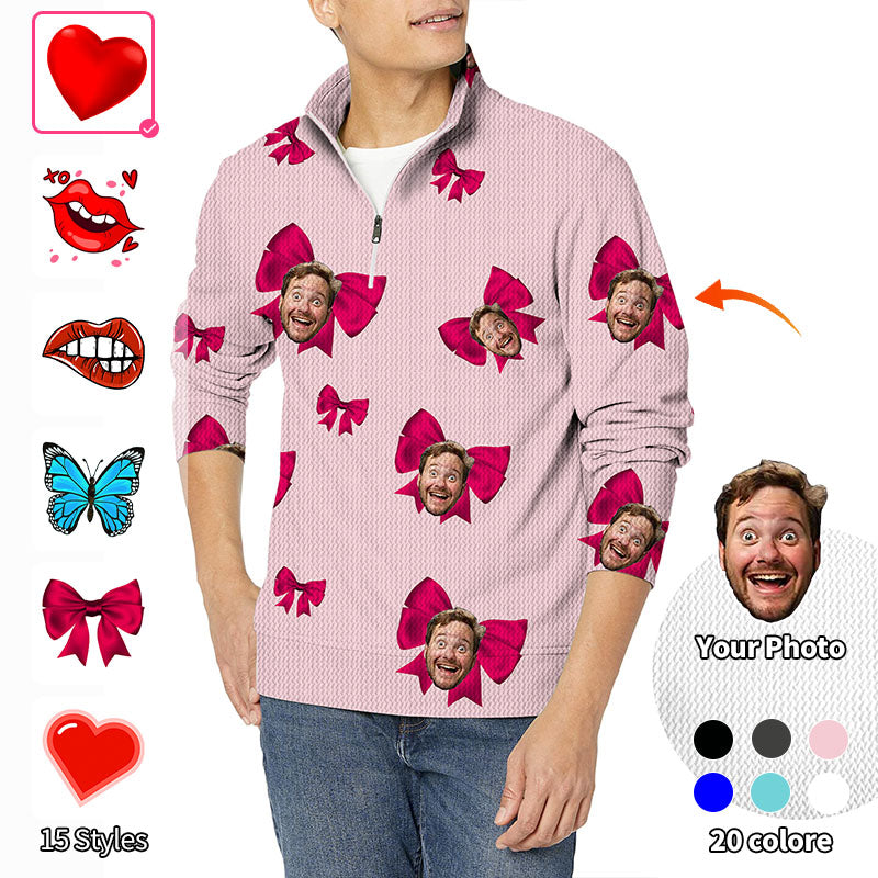 Valentine's Day Custom Photo Face Custom Color Pink Love Men's Golf Waffle Zipper Pullover