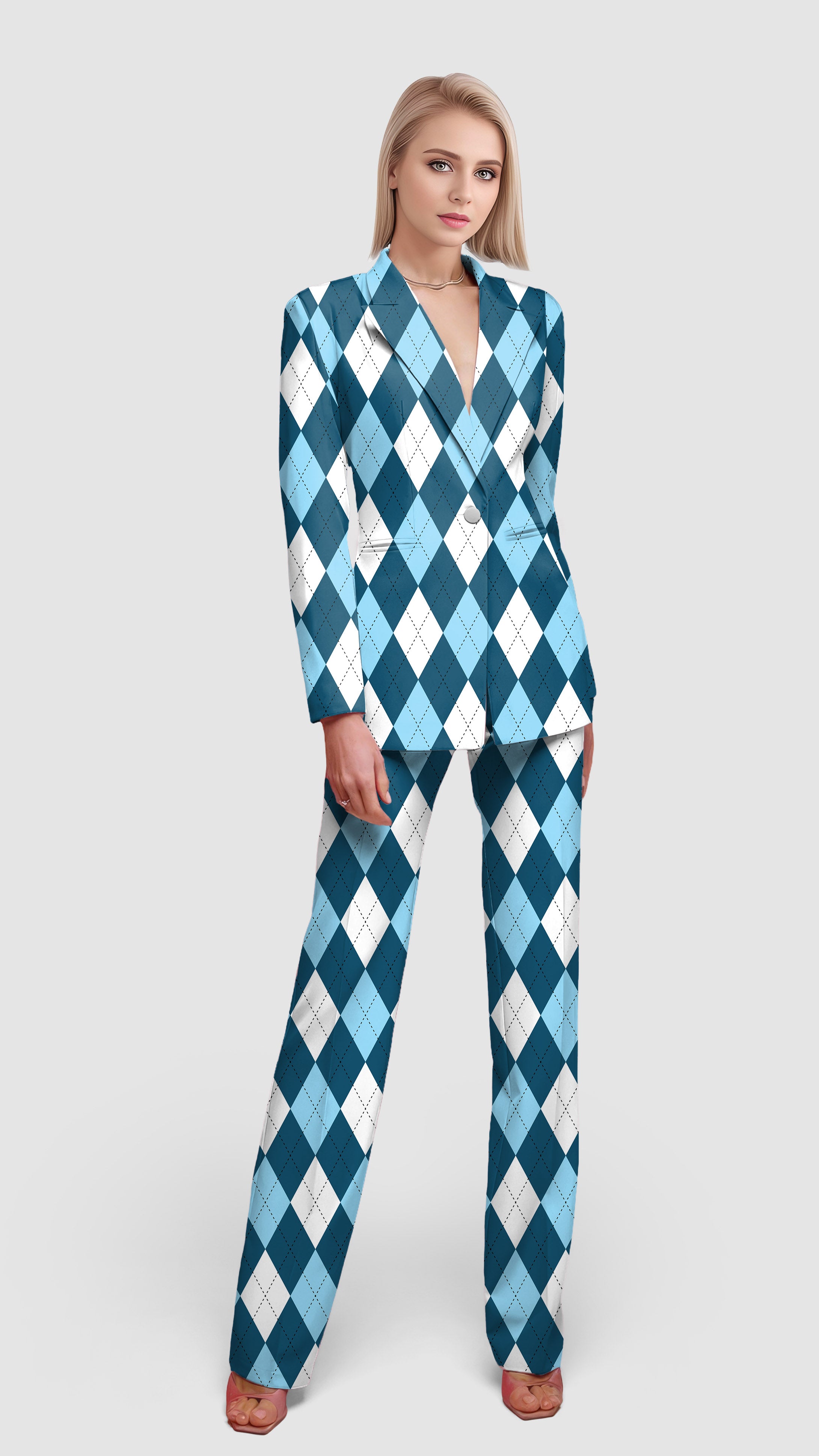 Blue green Argyle-Women's Blazer Casual Work Office Blazer Suit set