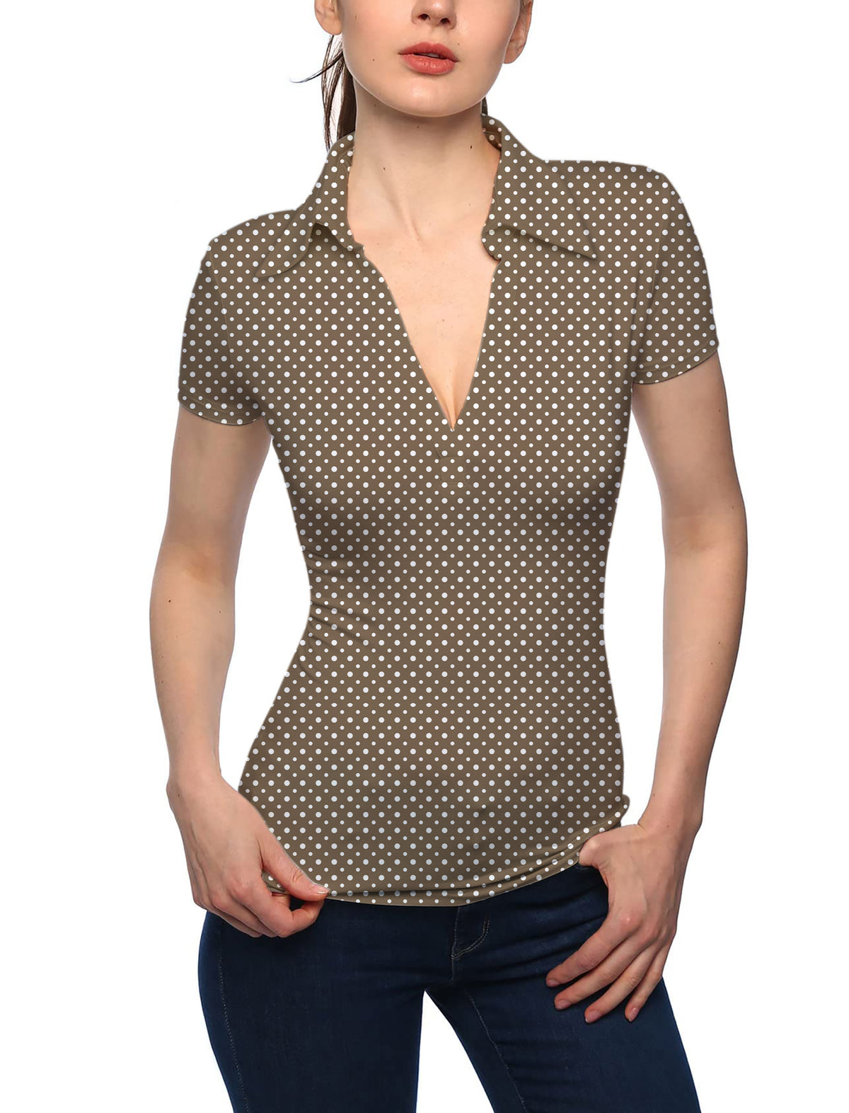 Women's white polka dot brown V Neck Golf Polo