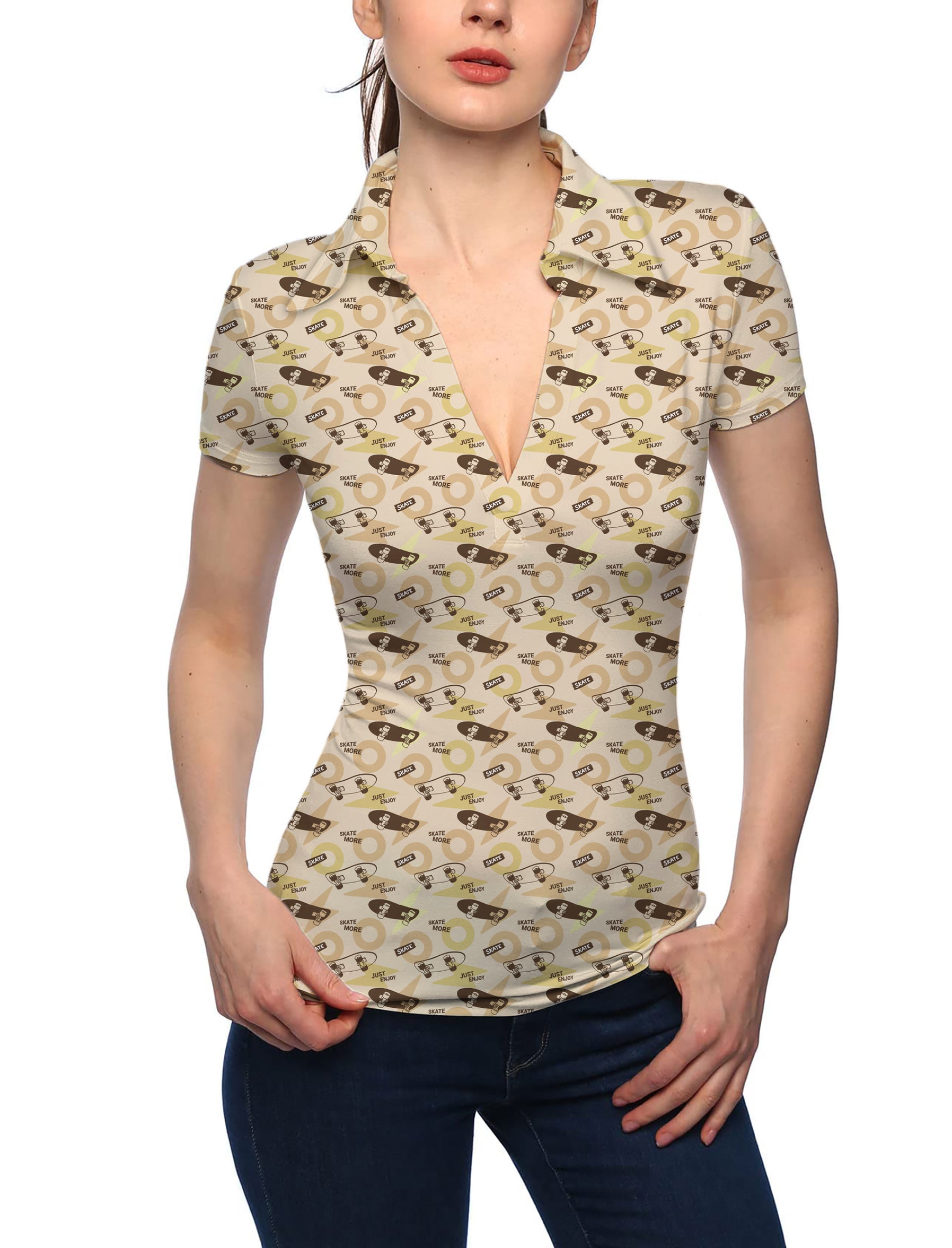 Women's Khaki Skate More V Neck Golf Polo
