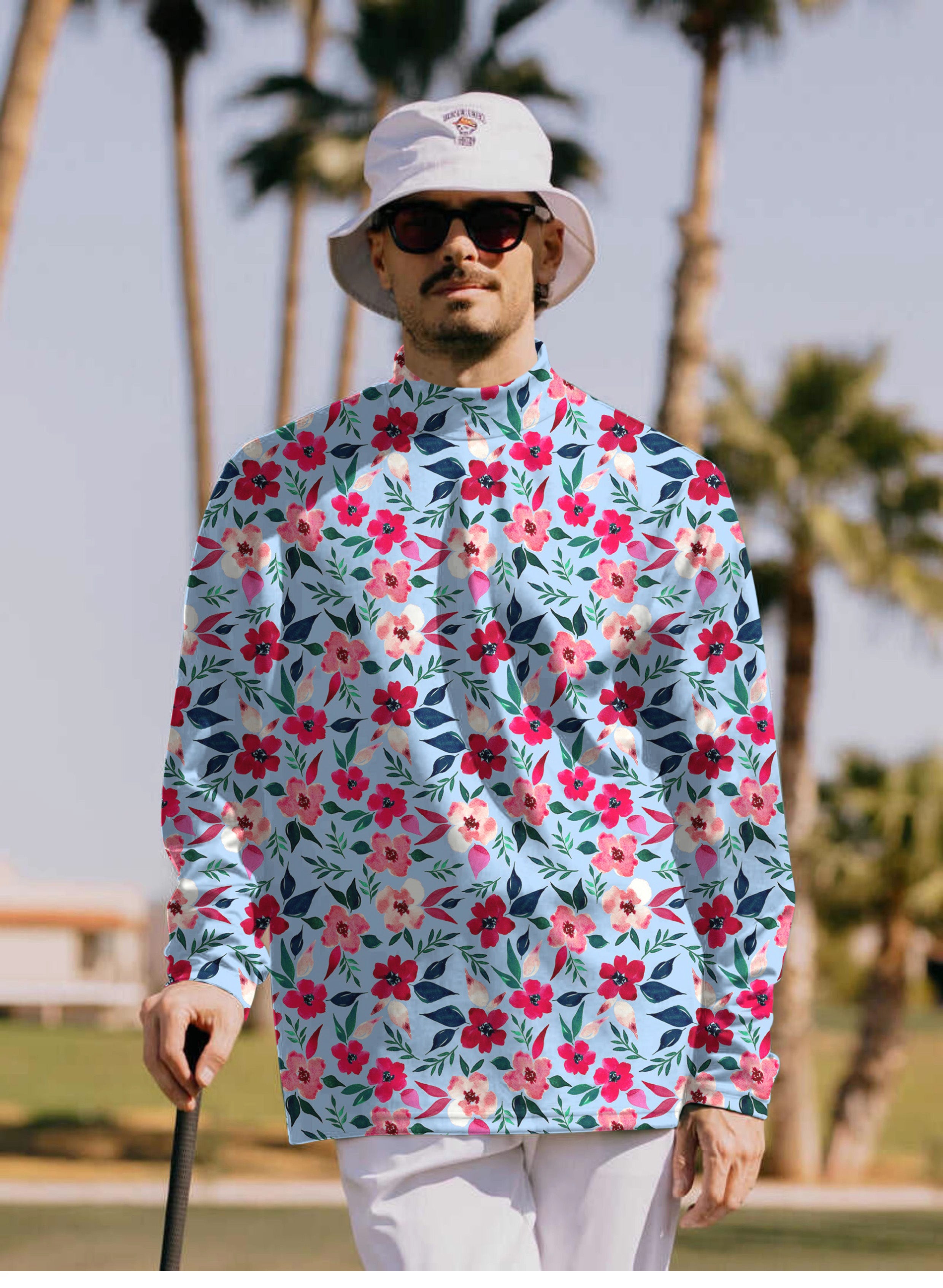 Men's Tropical flowers Pullover High neck Long/Short sleeve T-Shirt