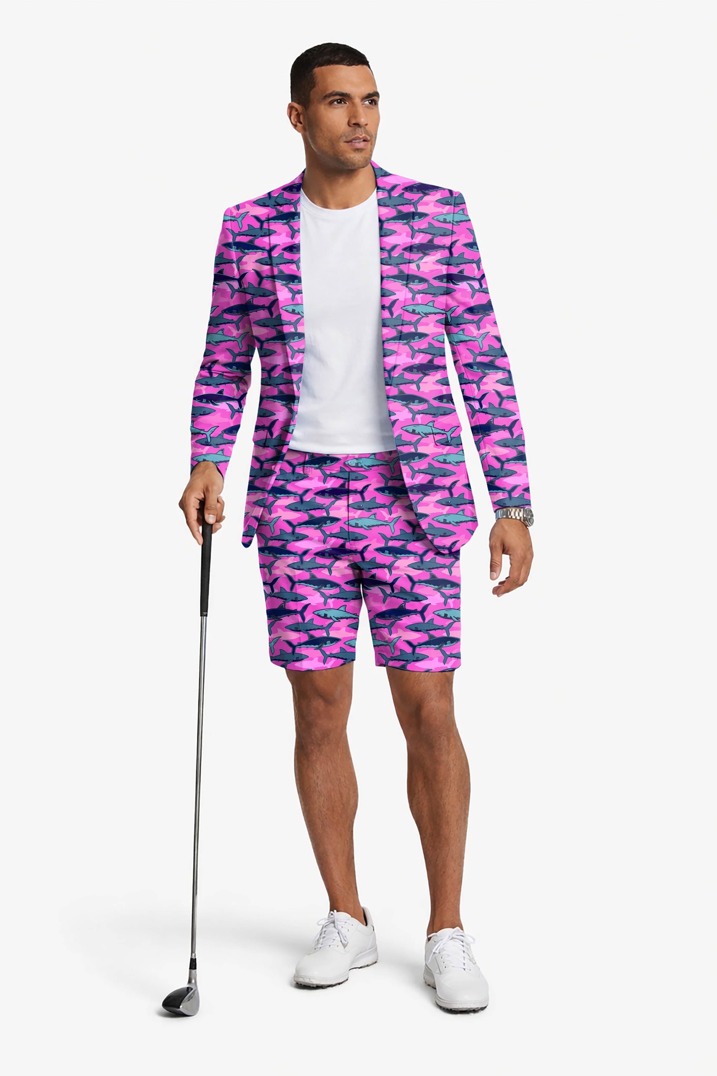 Electric Sharks Pink Men's Party Costumes-Theme Party 2pcs Suit set-Blazer Shorts