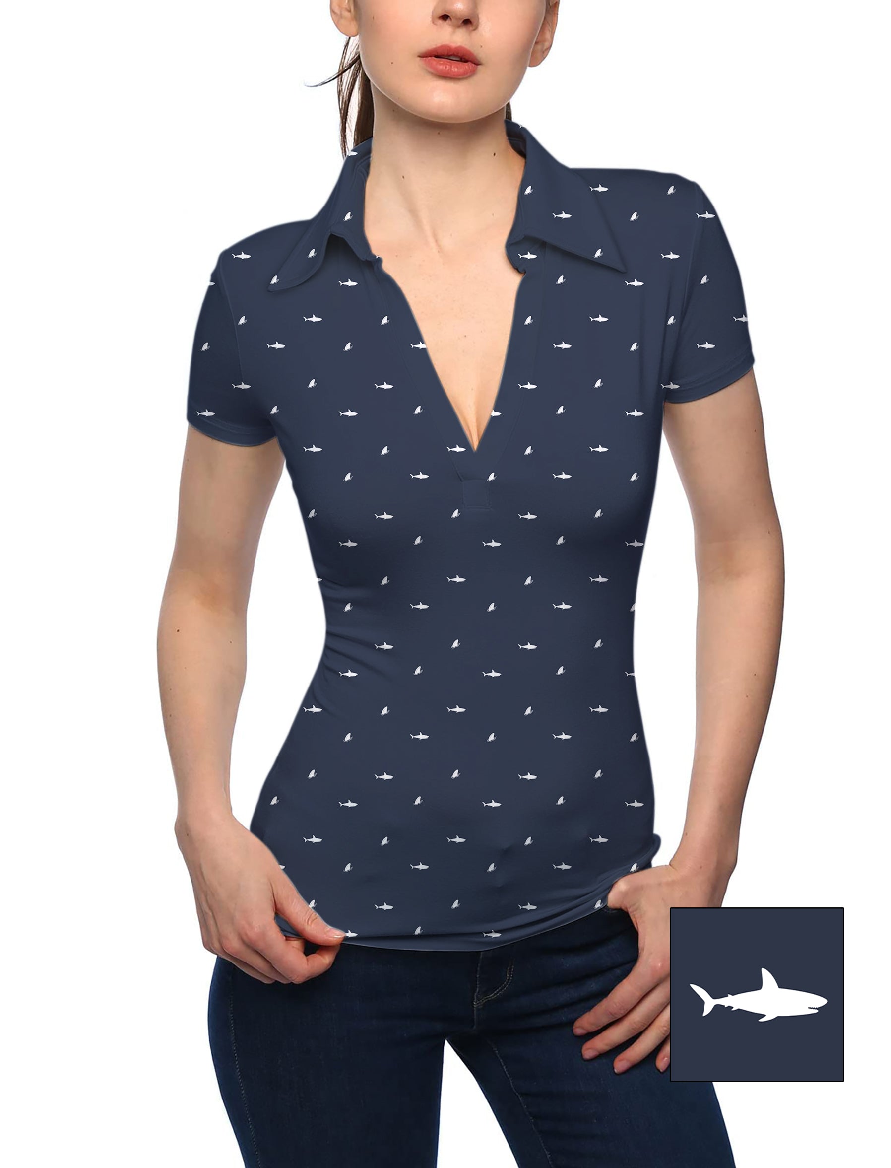 Women's White Shark and Fin Custom The Background Color V Neck Golf Polo