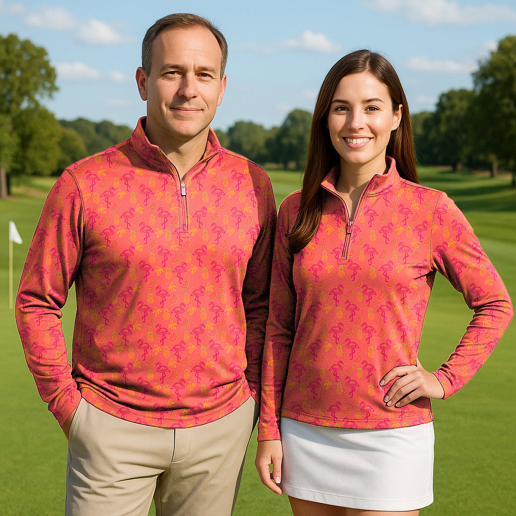 Fruity Flamingo Couple Golf Active 3/4 Zip Top