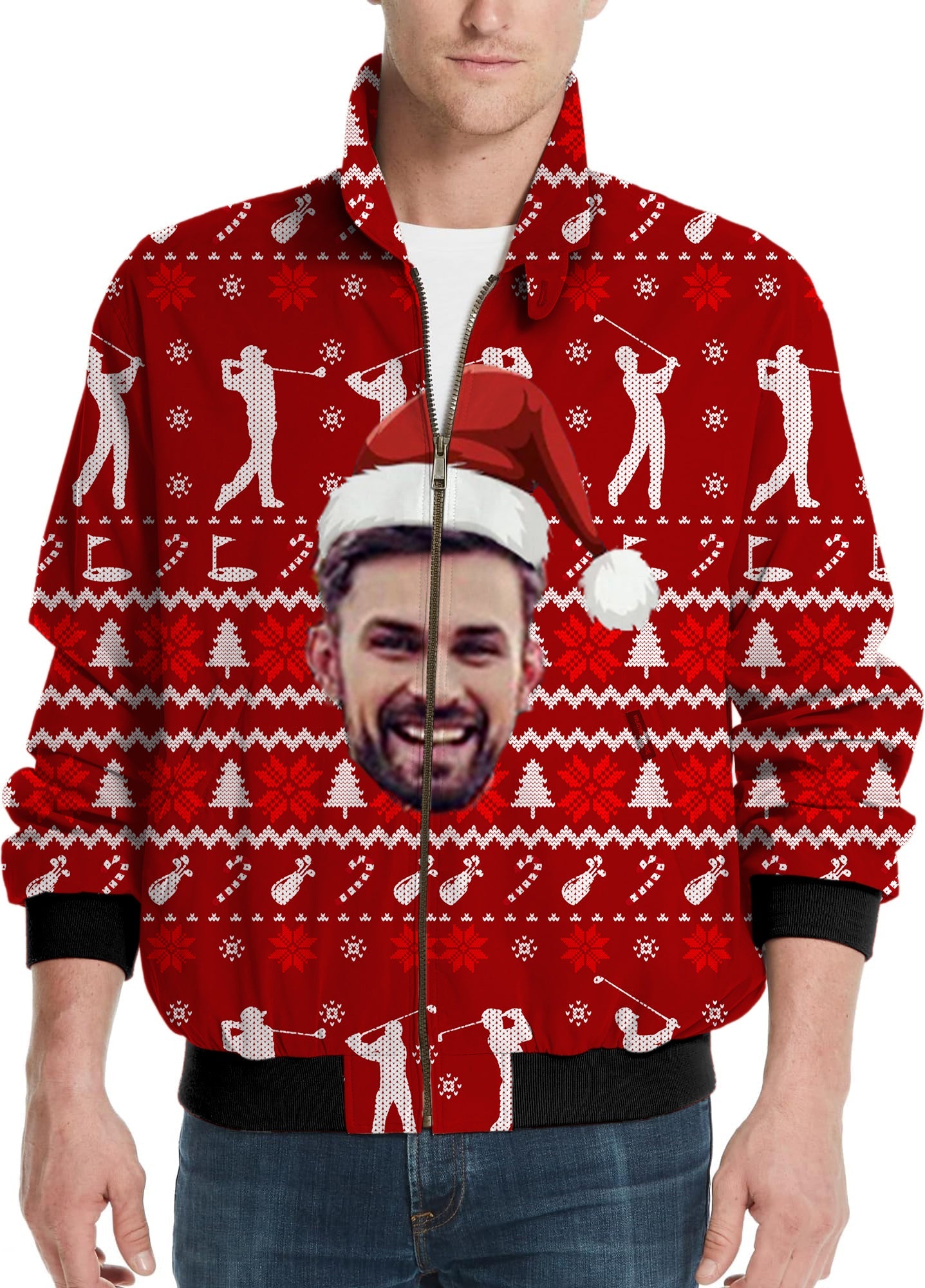 Custom face M-Christmas men's golf windbreaker light jacket with personalized face and festive holiday golf design