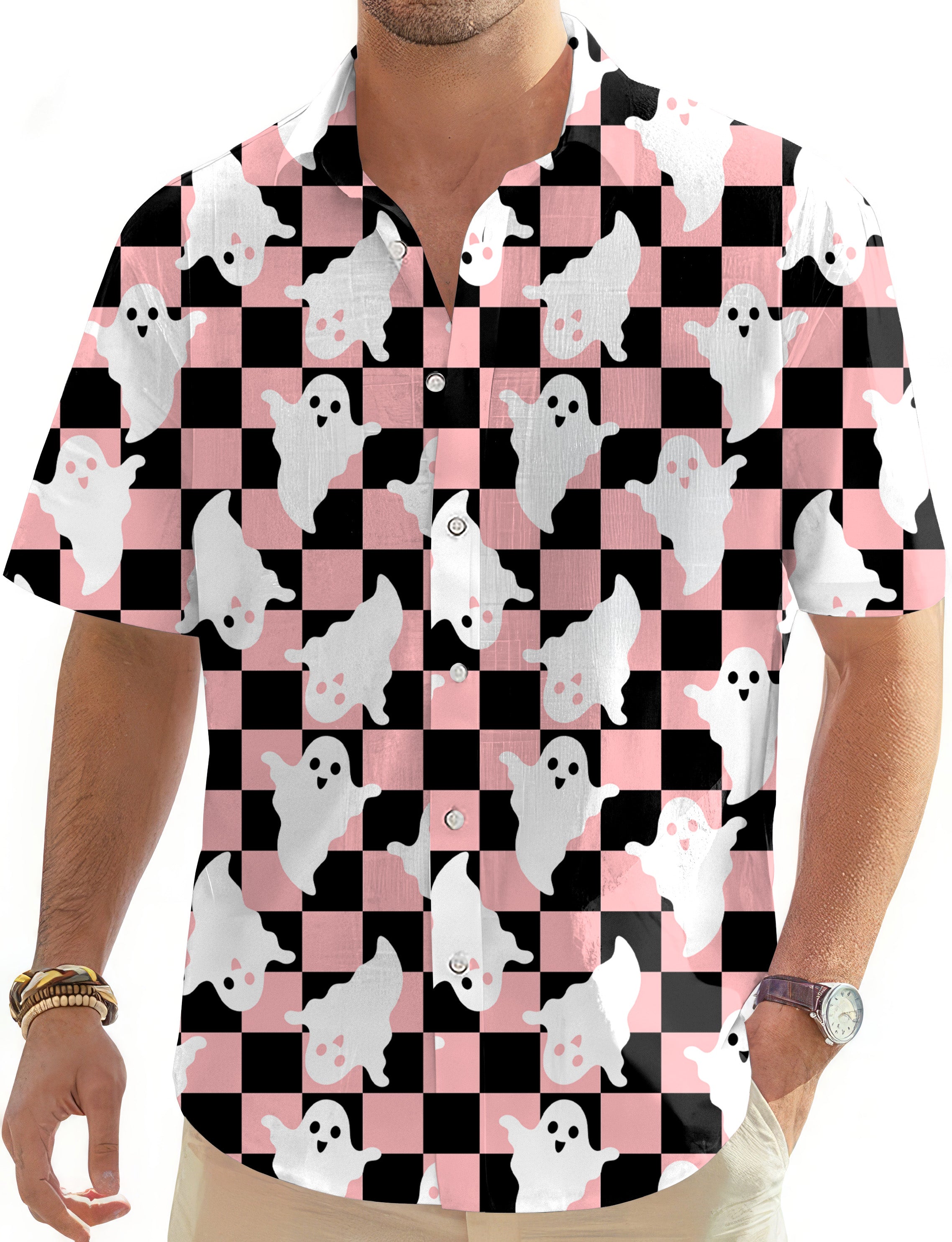 Halloween Black and White Checkerboard Ghost Men's Golf Hawaiian Shirts Button Down Shirt