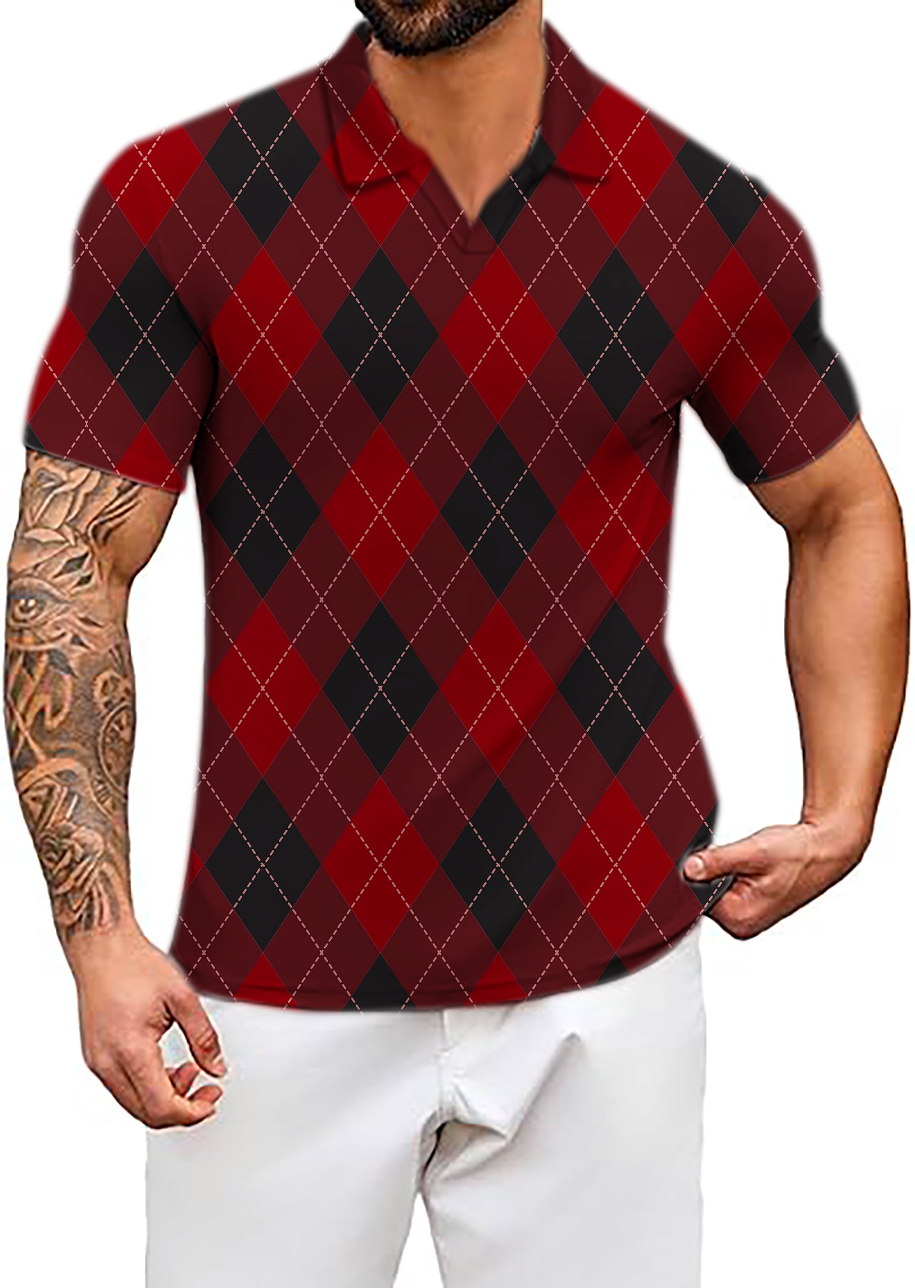 Men's red Argyle V Neck Golf Polo Shirts