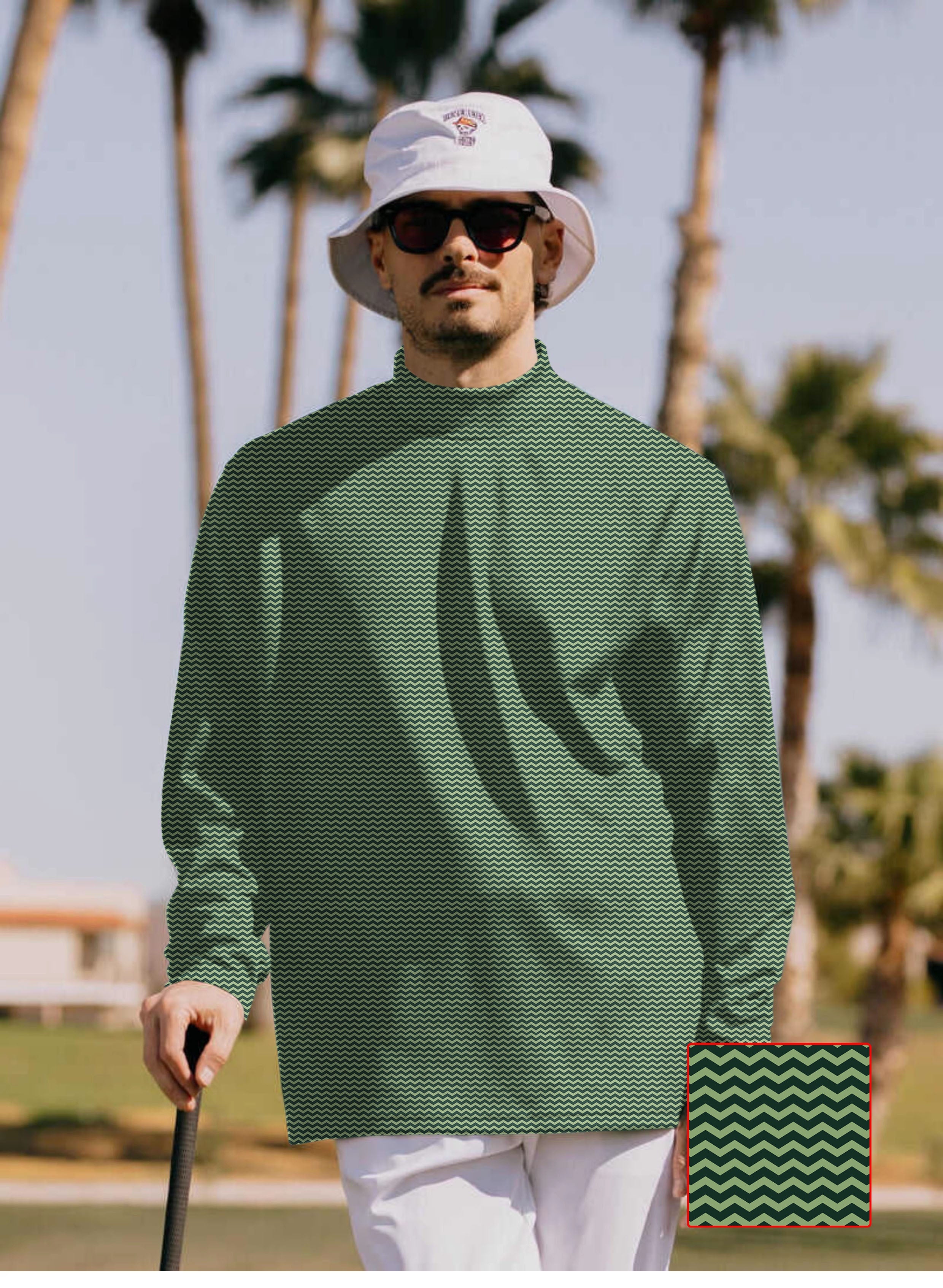 Men's Green Waves pullover high neck long sleeve t-shirt with custom golf team design