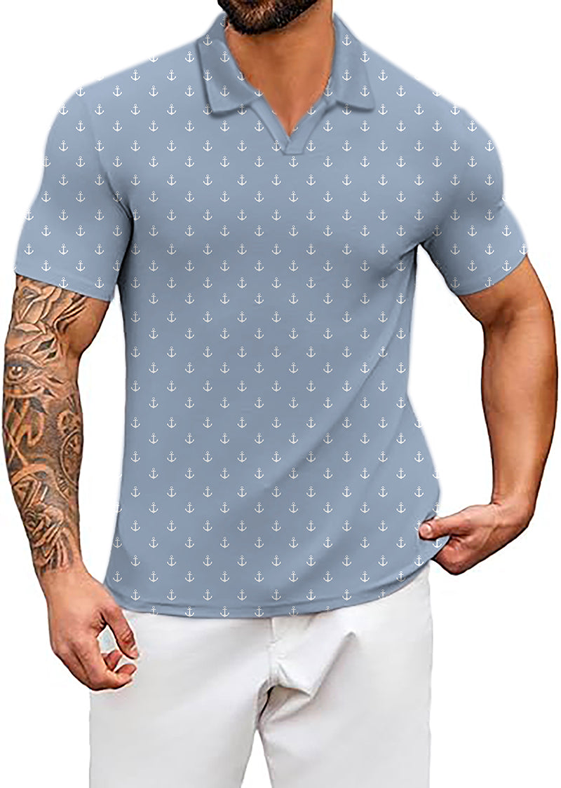 Men's Coconut Palm navy blue polo shirt with white anchor dots, breathable and stretch fabric, classic fit, wrinkle-resistant and UPF 40+ protection