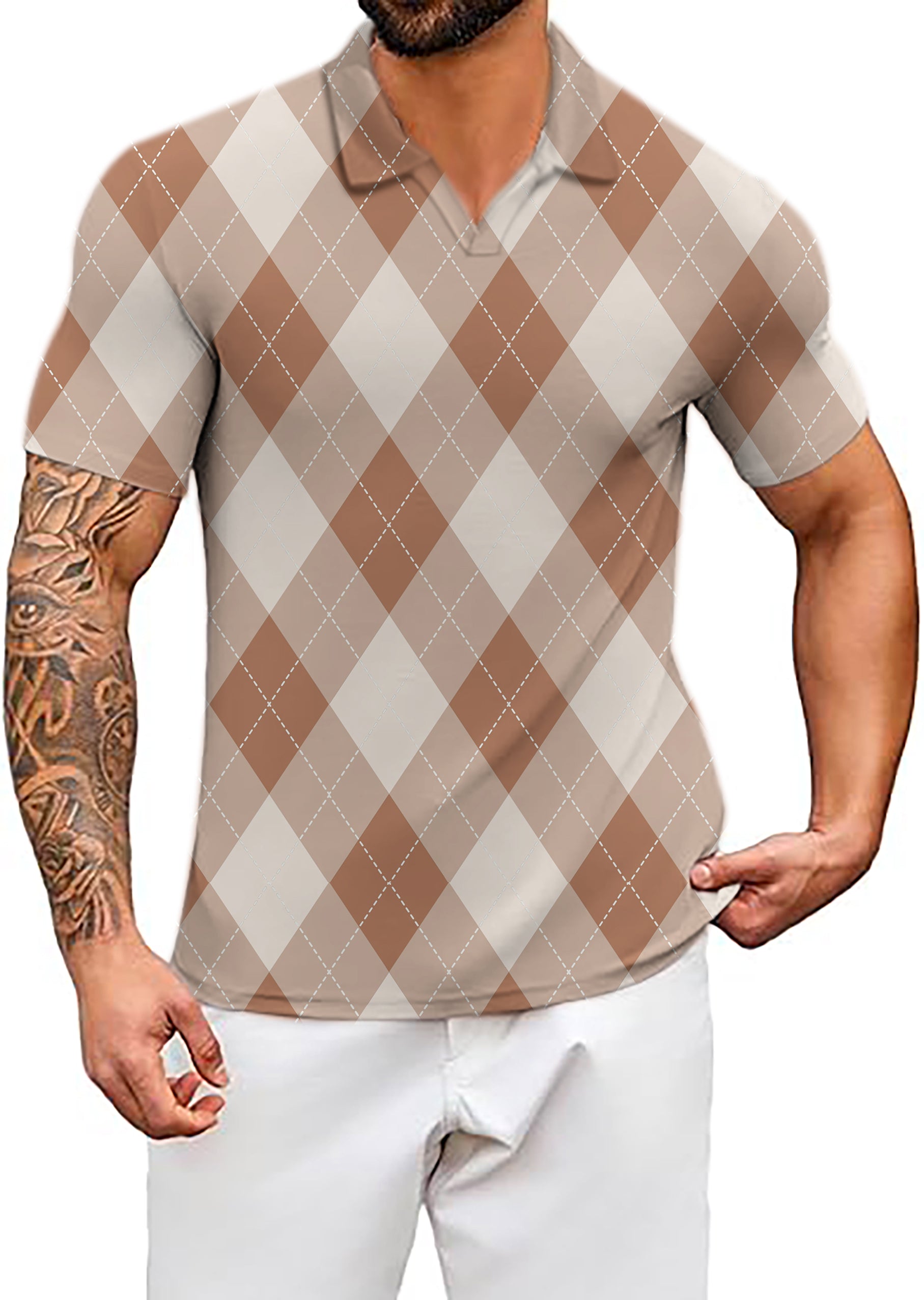 Men's brown Argyle V Neck Golf Polo Shirts