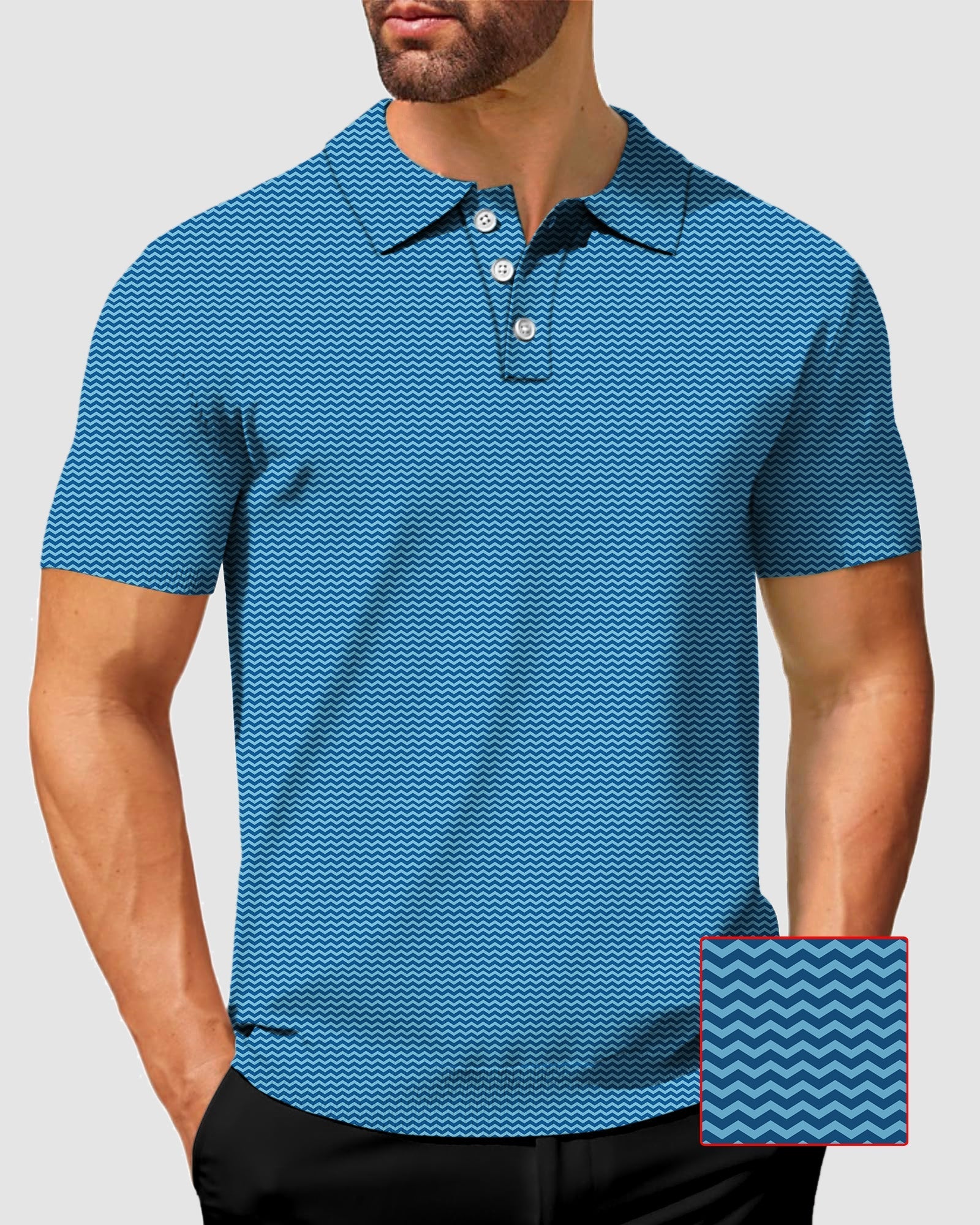 Men's Blue Waves Polo with four-way stretch, moisture-wicking fabric, wrinkle resistant, UPF 40+ protection, and classic fit for business casual style