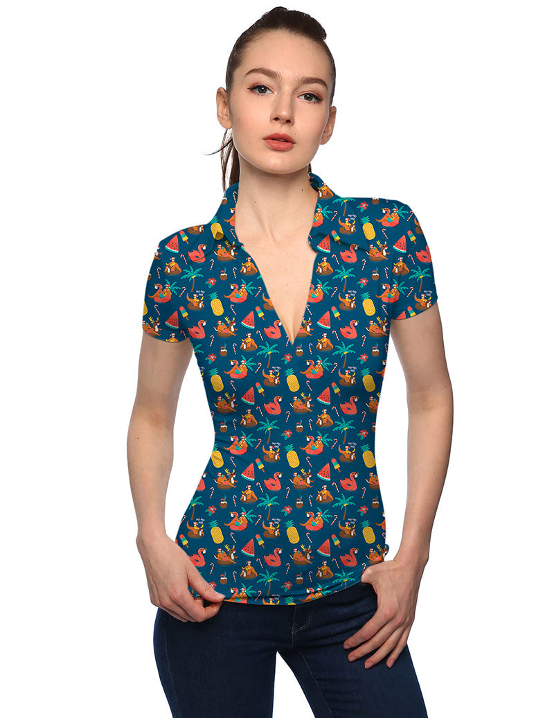 Woman wearing Women's Christmas HO V Neck Golf Polo with festive holiday print and deep V-neck collar.