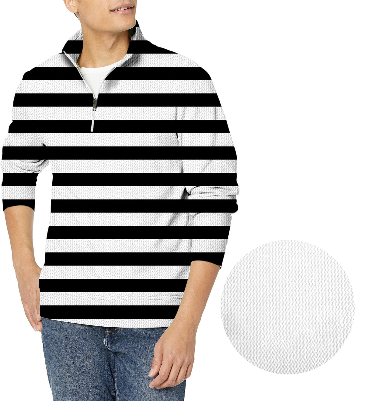 Black and white horizontal stripes Men's Golf Waffle Zipper Pullover