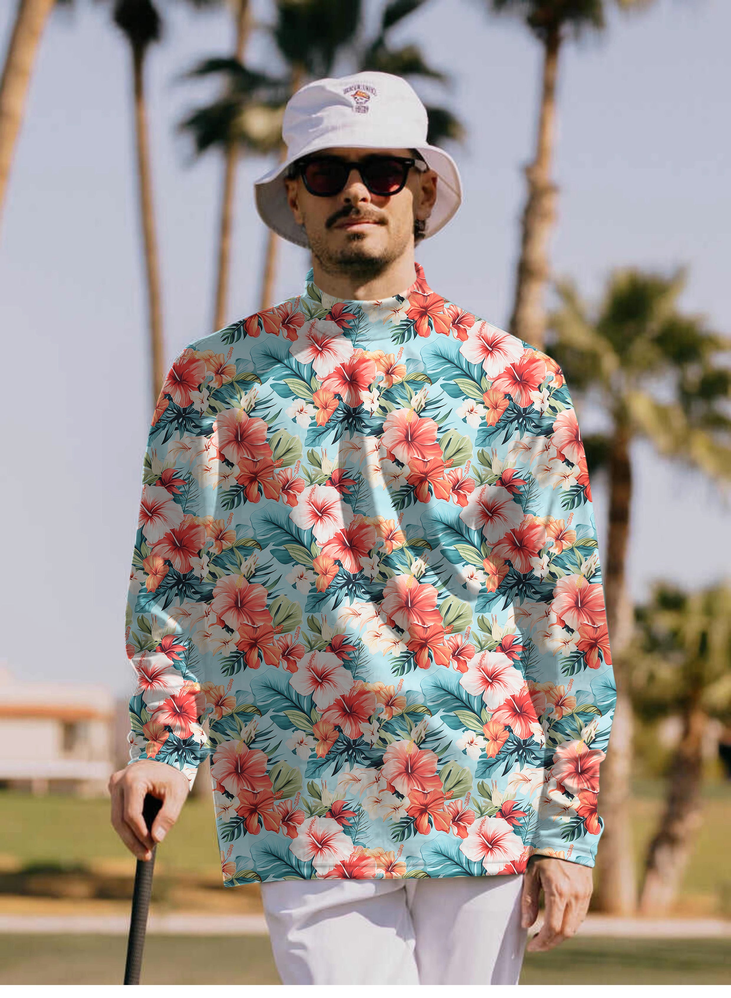 Men's Hawaiian Flowers Pullover High neck Long/Short sleeve T-Shirt