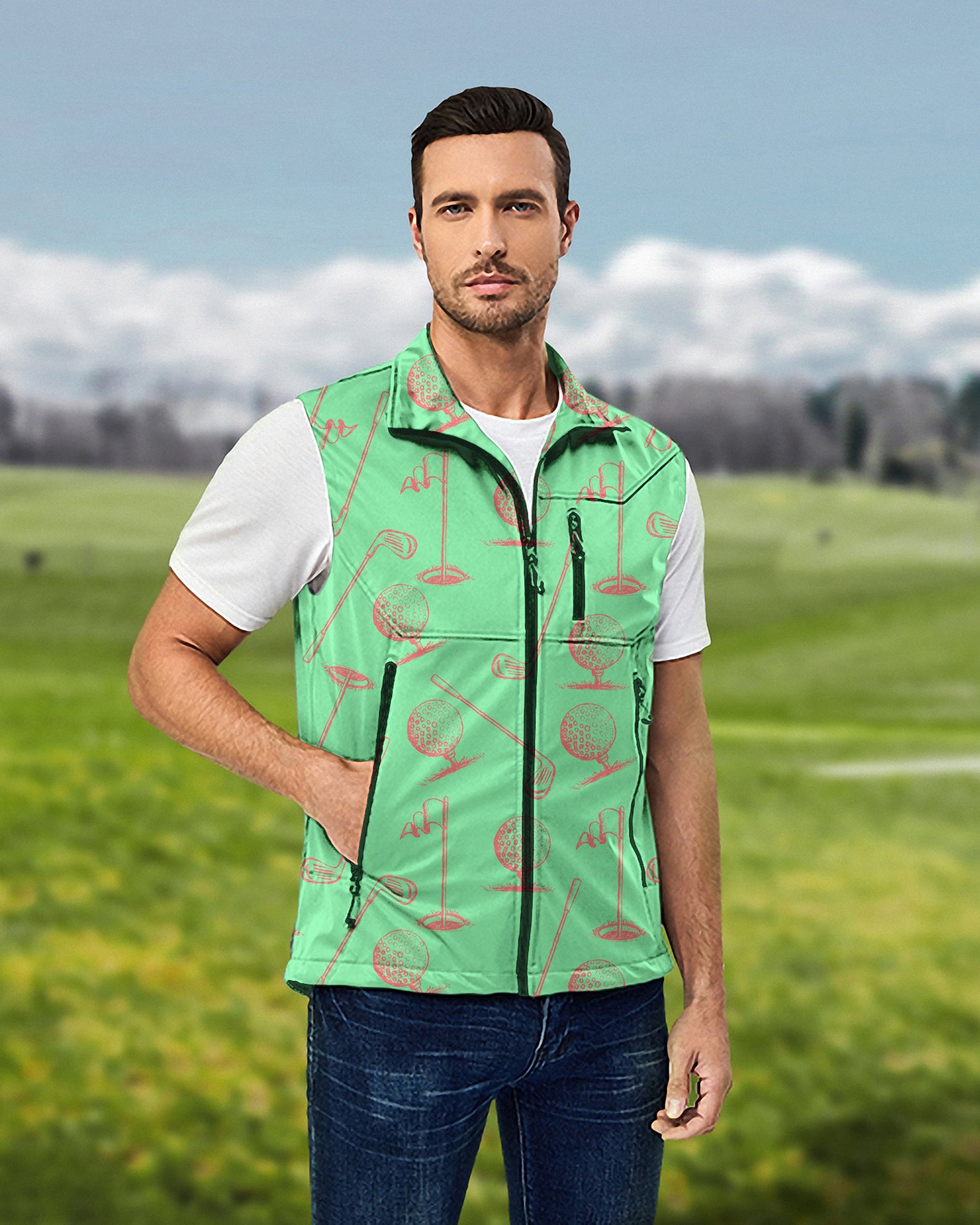 Men's Green Golf Club Lightweight Softshell Vest Sleeveless Jacket for Golf Windproof Waterproof