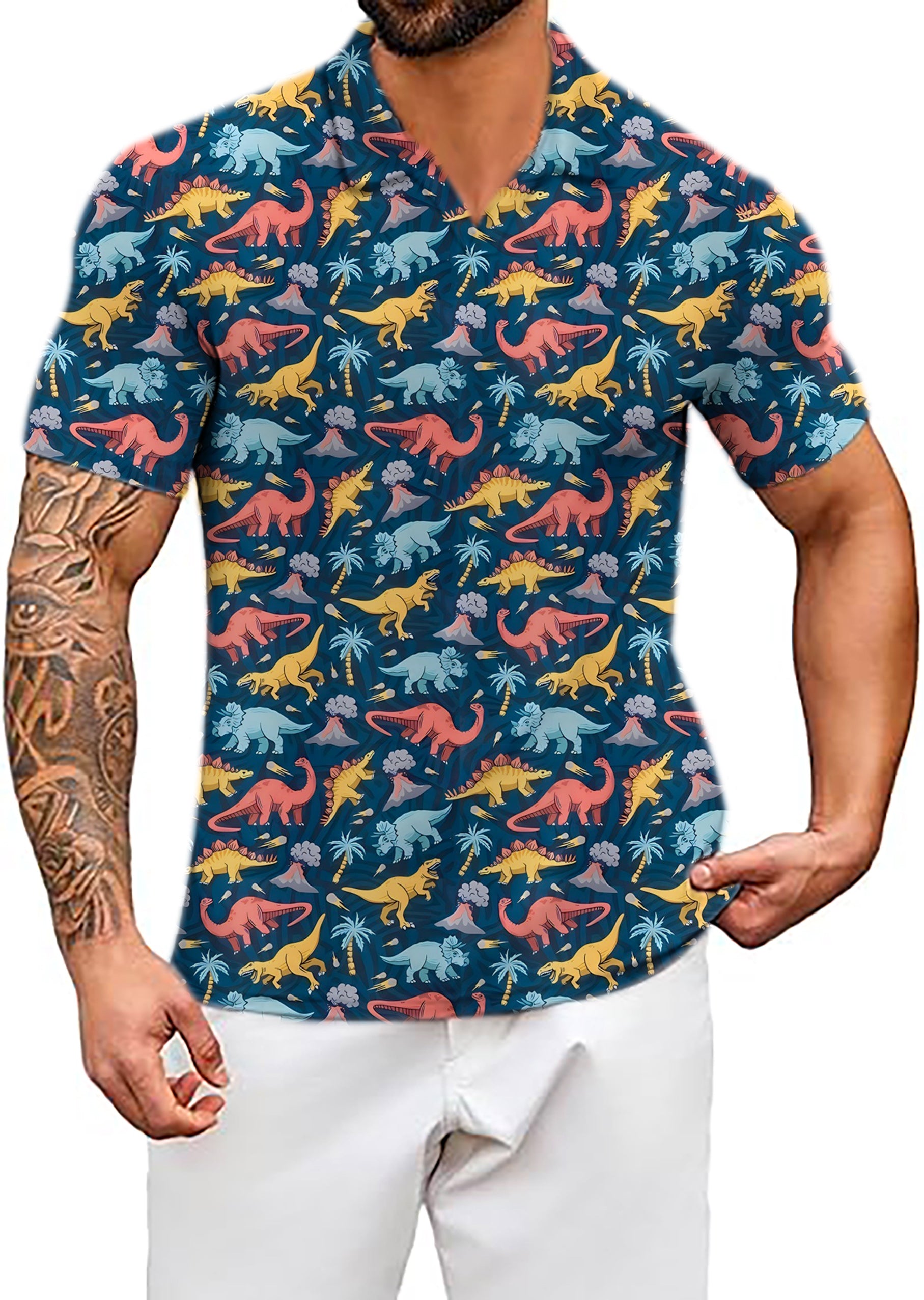 Men's Dinosaur World V Neck Golf Polo Shirts